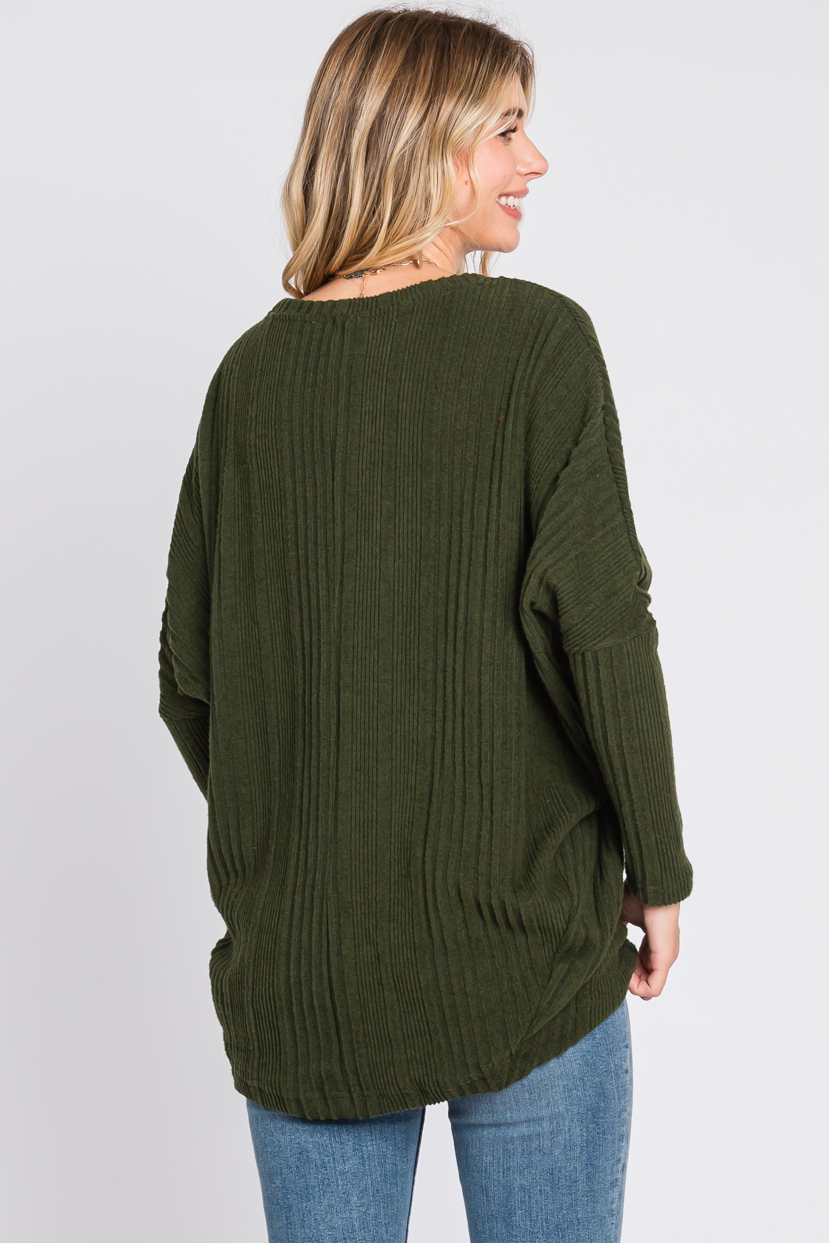 Olive Ribbed Brushed Knit Dolman Sleeve Top sold by Pinkblush product image thumbnail 4