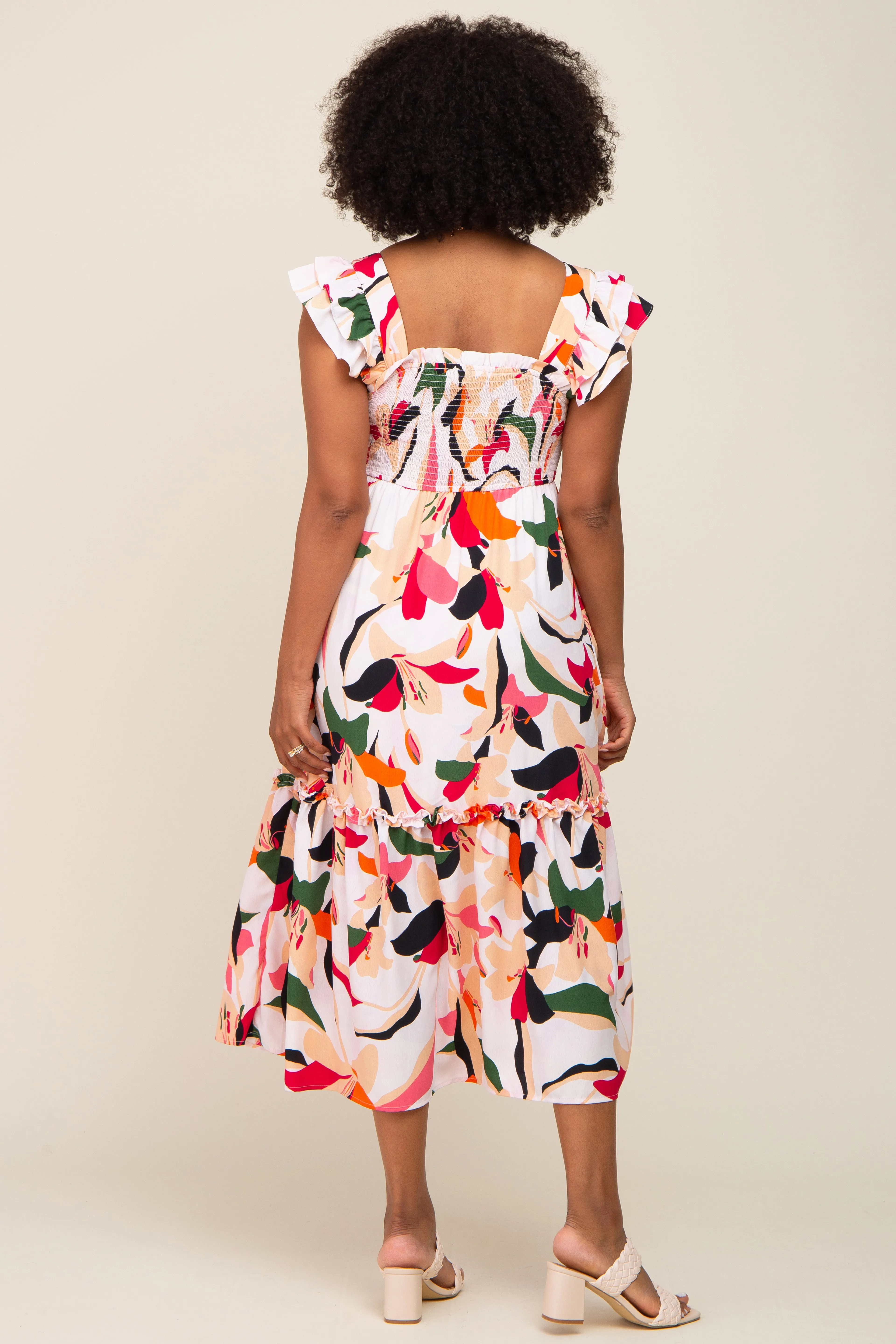 Ivory Floral Smocked Ruffle Tier Midi Dress sold by Pinkblush product image thumbnail 3