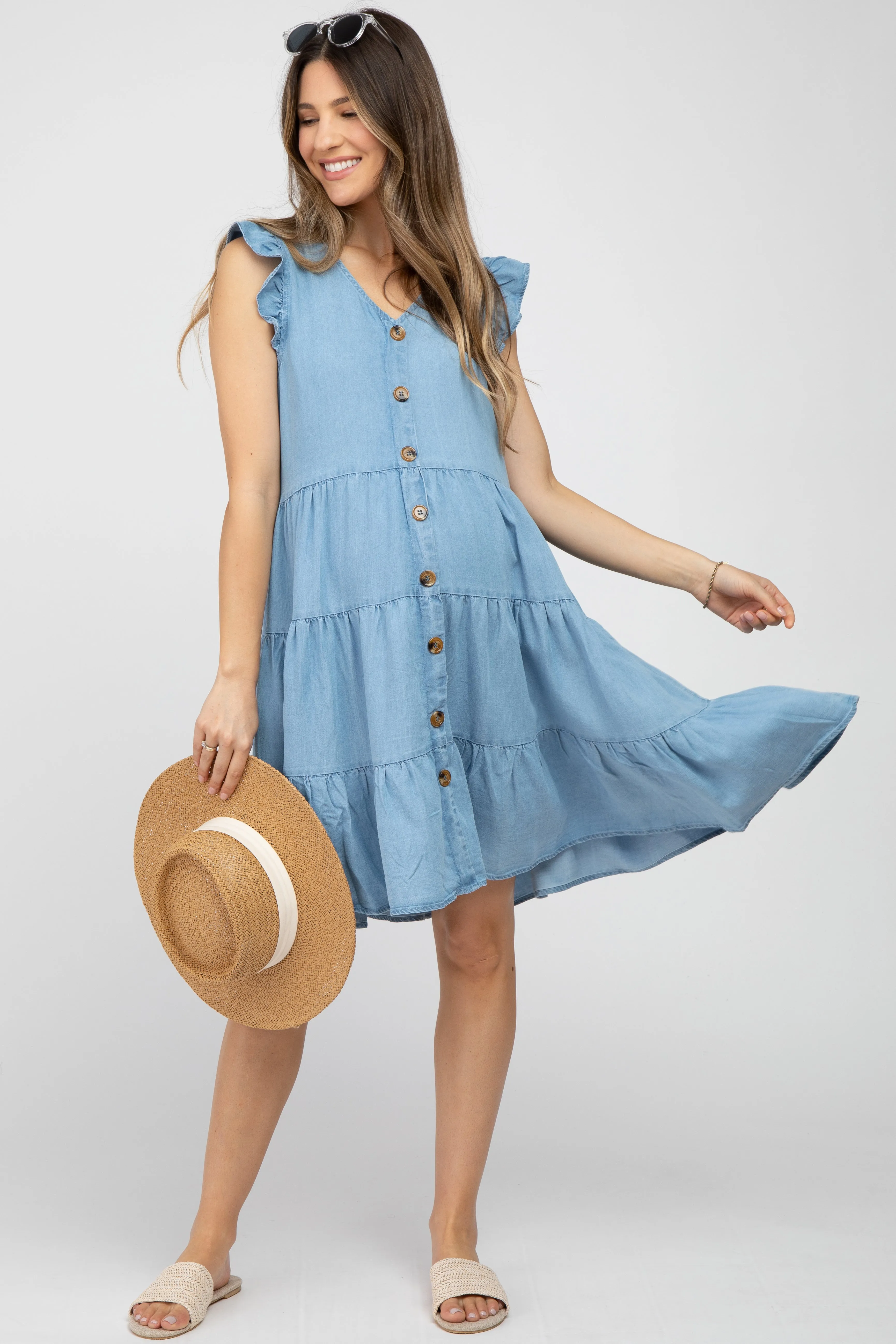 Light Blue Chambray Tiered Button Accent Maternity Dress sold by Pinkblush
