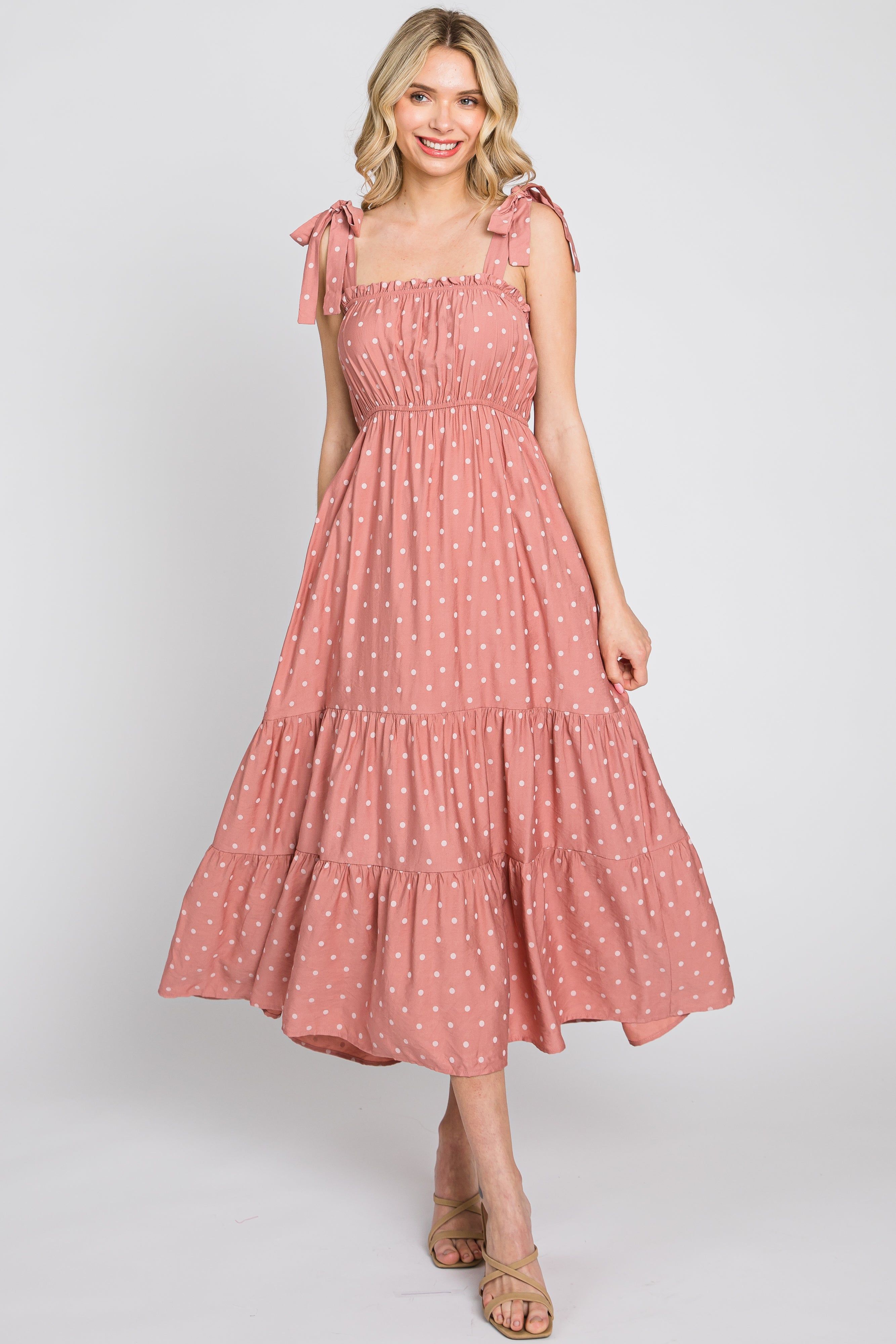 Mauve Polka Dot Shirred Midi Dress sold by Pinkblush product image thumbnail 3