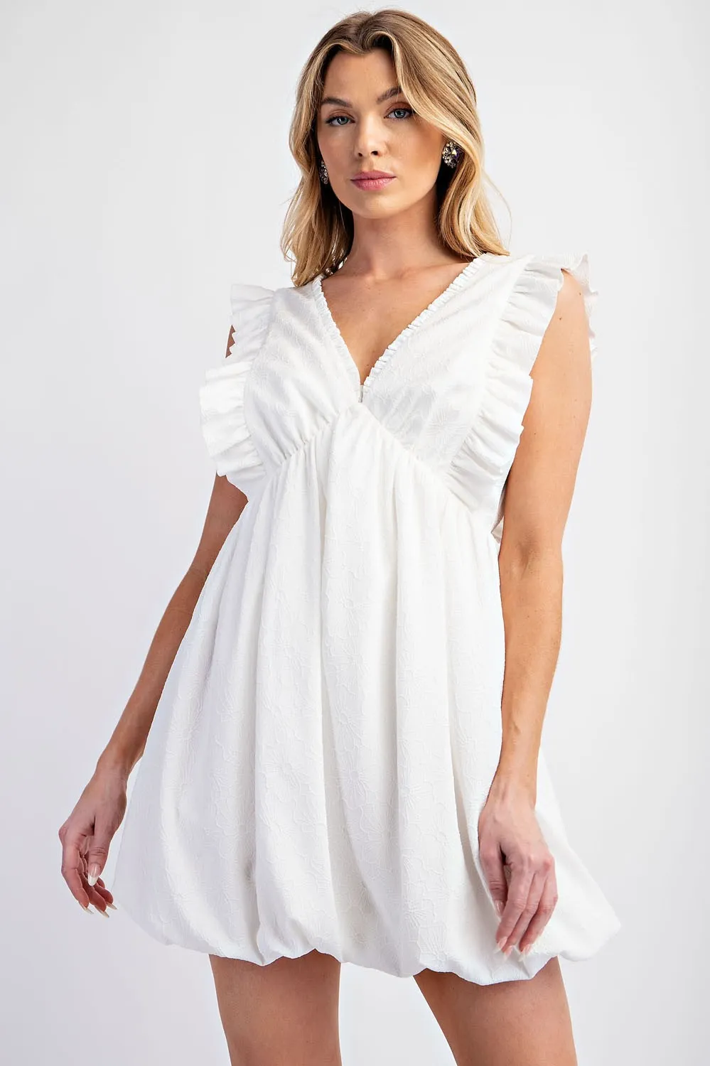 White Flower Embossed Bubble Dress With Shoulder Ruffles sold by Pinkblush