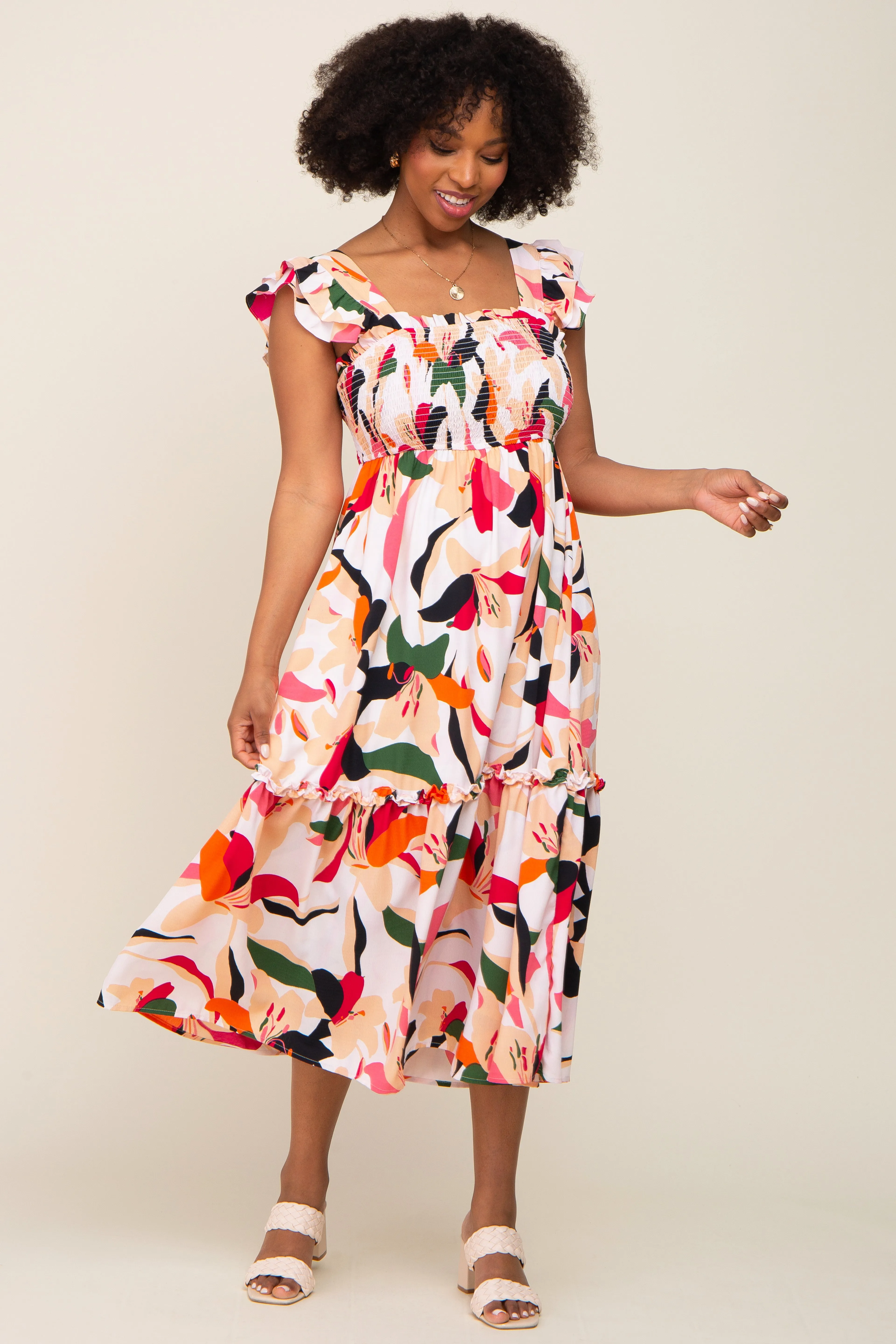 Ivory Floral Smocked Ruffle Tier Midi Dress sold by Pinkblush product image thumbnail 4