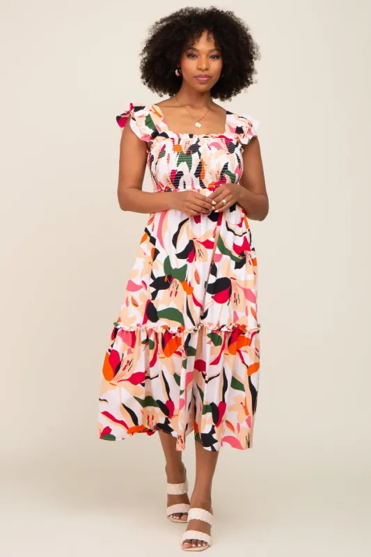 Ivory Floral Smocked Ruffle Tier Midi Dress sold by Pinkblush