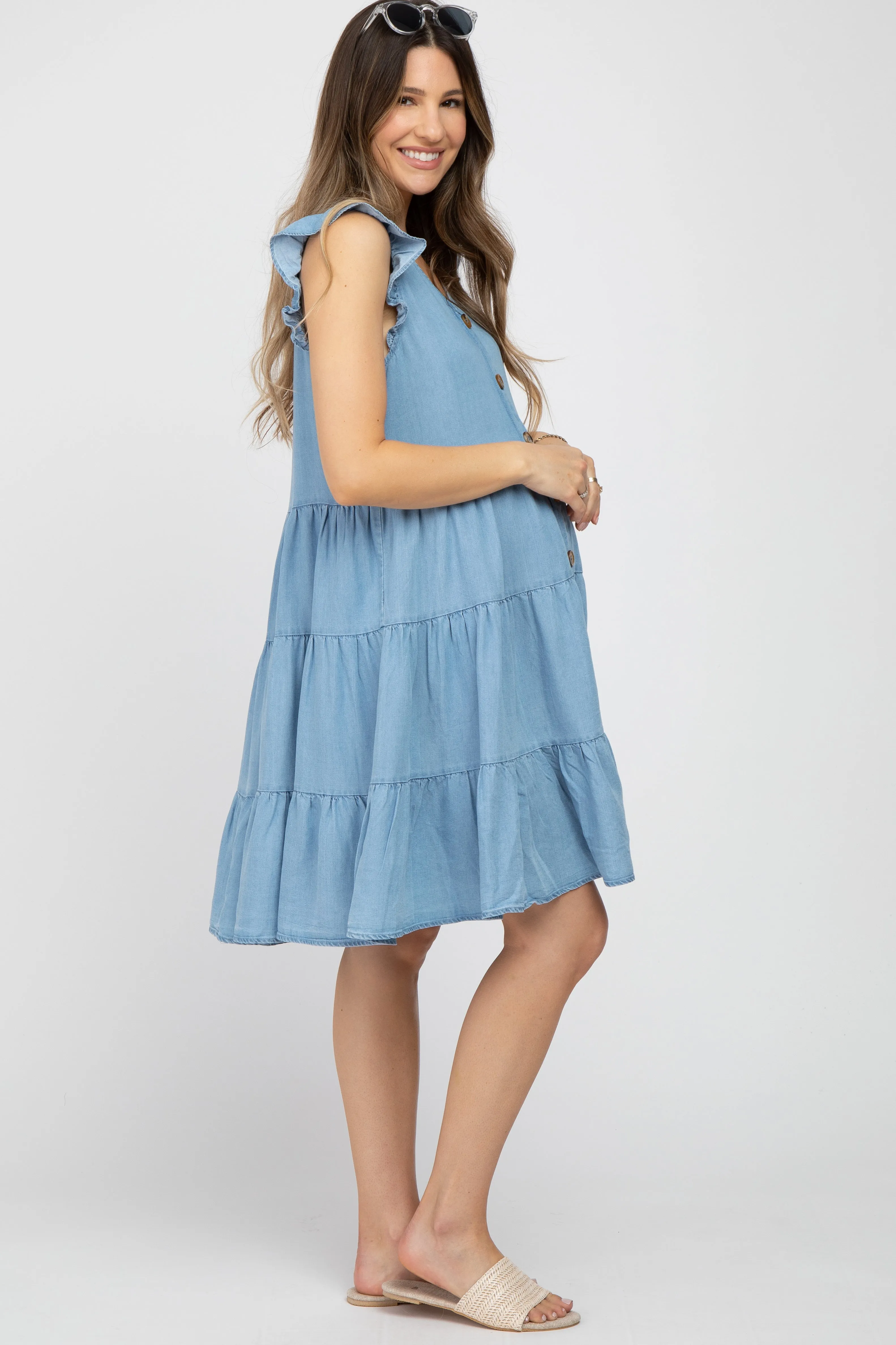 Light Blue Chambray Tiered Button Accent Maternity Dress sold by Pinkblush product image thumbnail 2