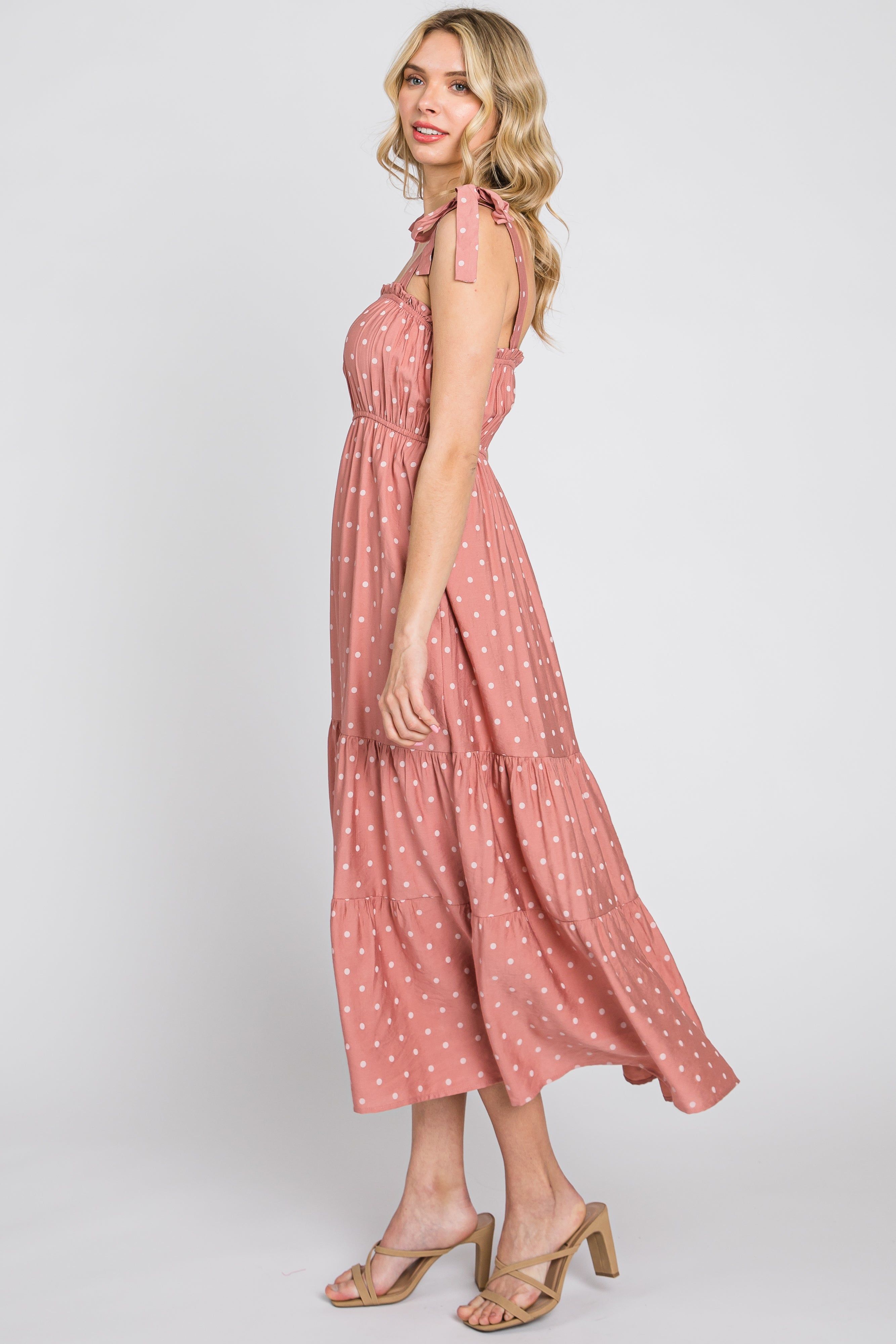 Mauve Polka Dot Shirred Midi Dress sold by Pinkblush product image thumbnail 4