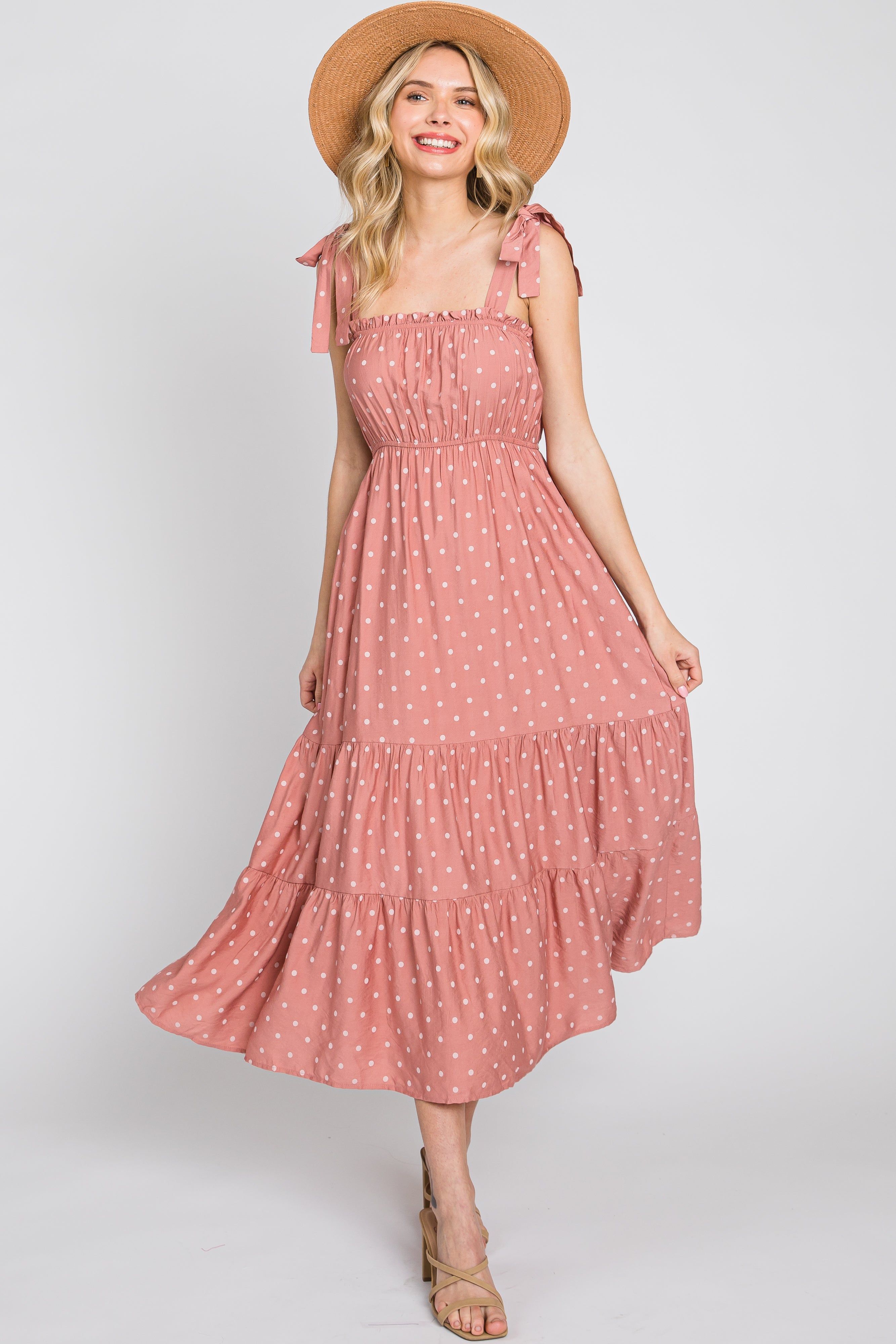 Mauve Polka Dot Shirred Midi Dress sold by Pinkblush
