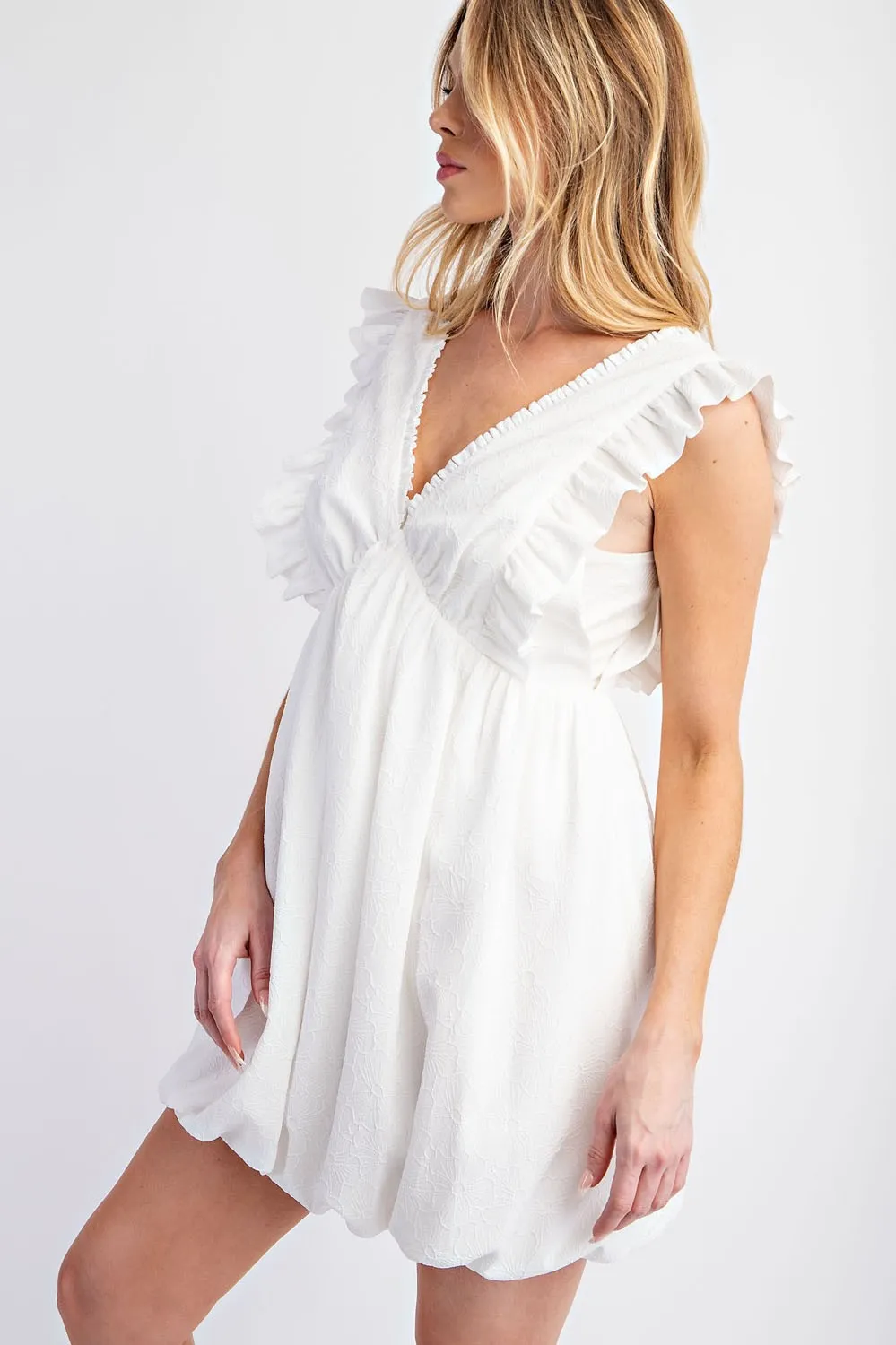 White Flower Embossed Bubble Dress With Shoulder Ruffles sold by Pinkblush product image thumbnail 2