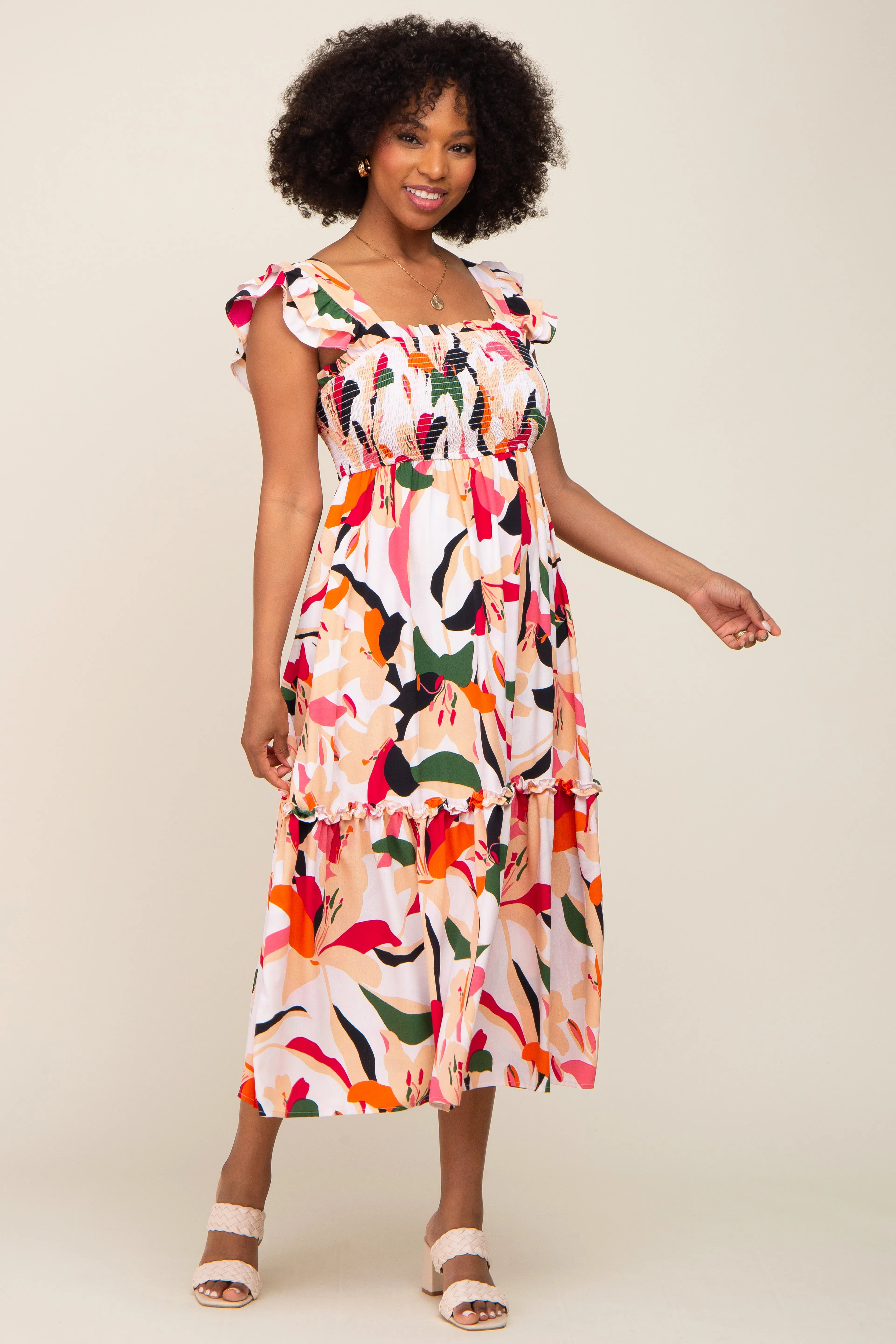 Ivory Floral Smocked Ruffle Tier Midi Dress sold by Pinkblush product image thumbnail 5