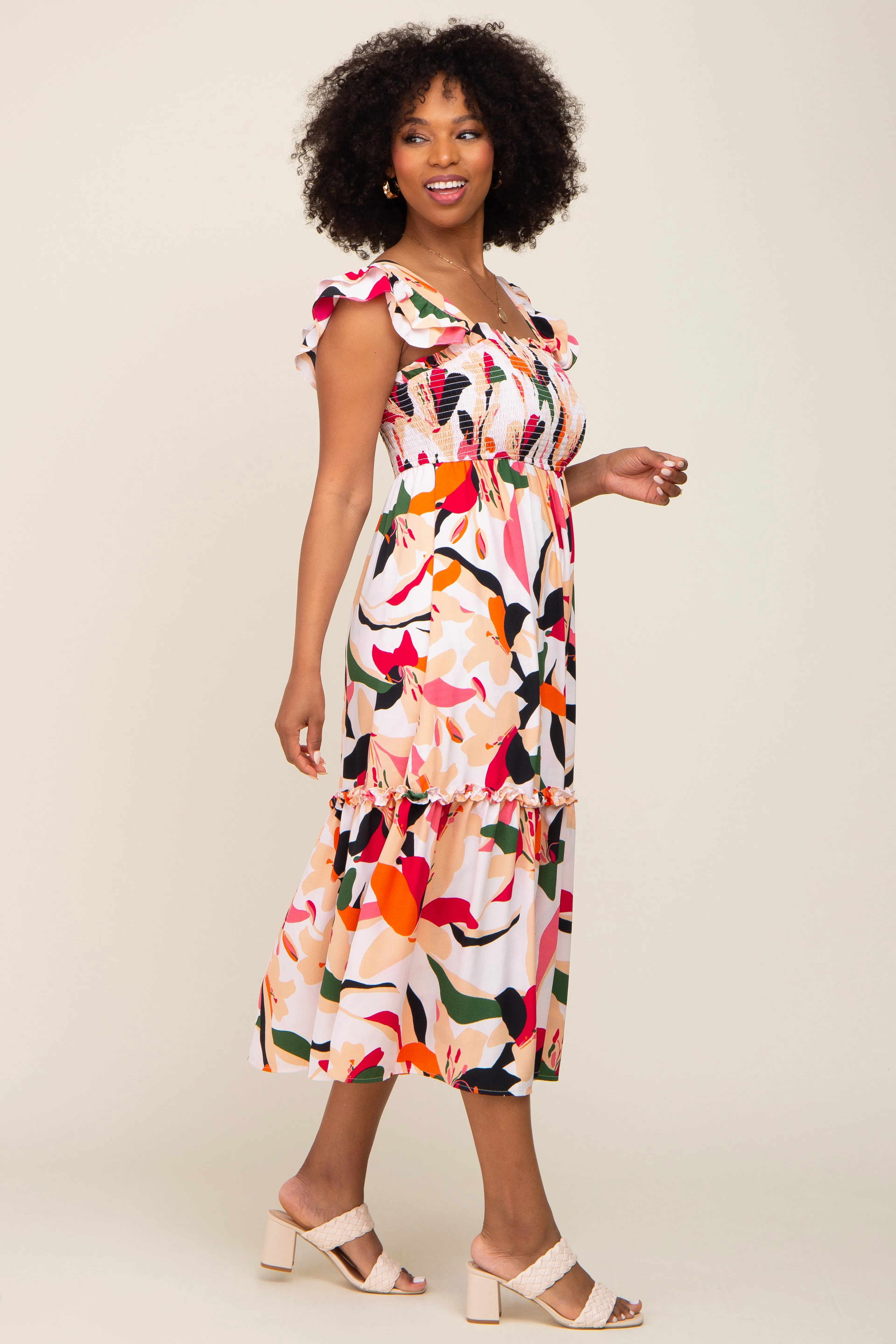 Ivory Floral Smocked Ruffle Tier Midi Dress sold by Pinkblush product image thumbnail 2