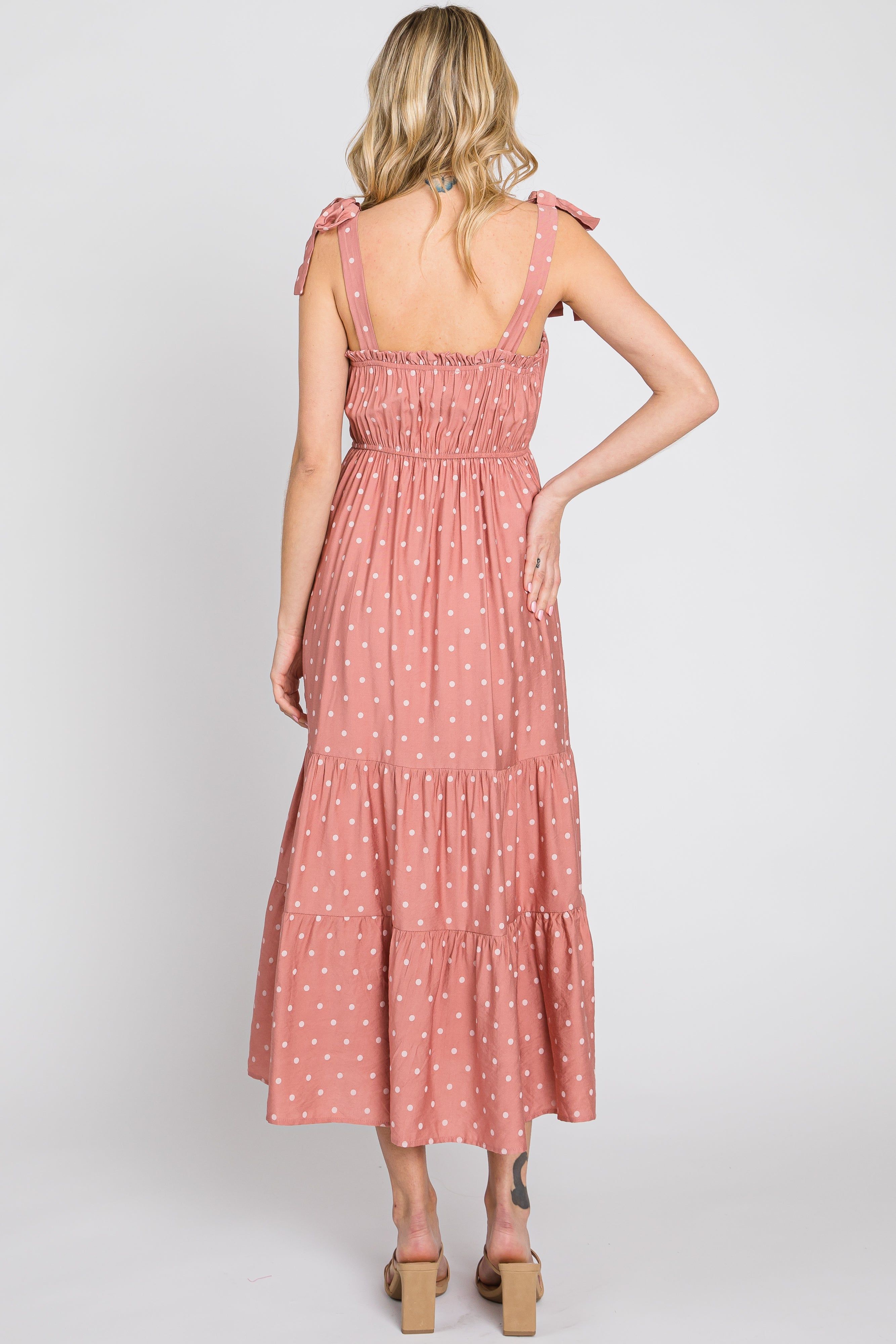 Mauve Polka Dot Shirred Midi Dress sold by Pinkblush product image thumbnail 5