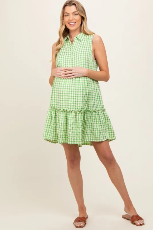 Green Gingham Button Front Collared Maternity Dress sold by Pinkblush