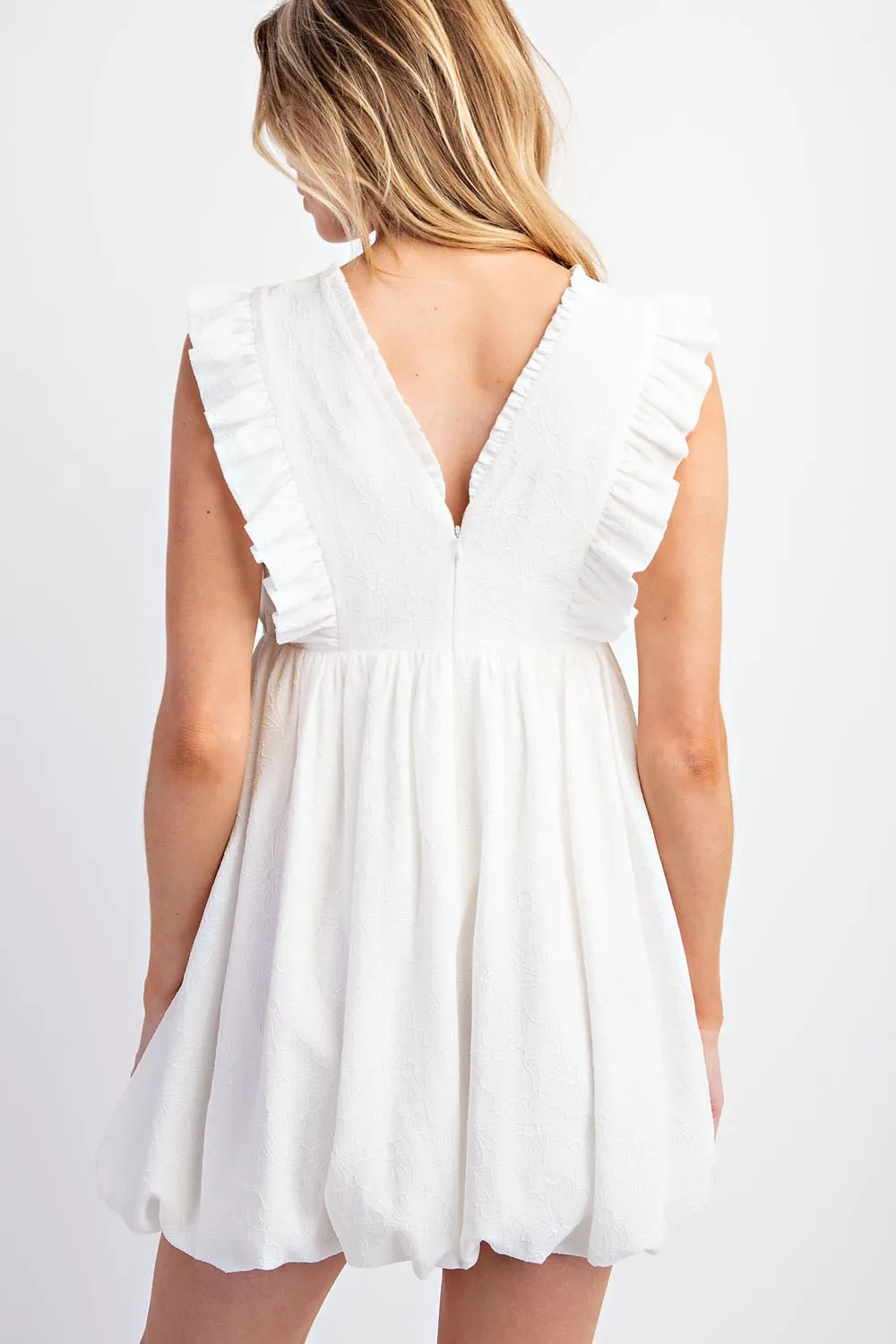 White Flower Embossed Bubble Dress With Shoulder Ruffles sold by Pinkblush product image thumbnail 3