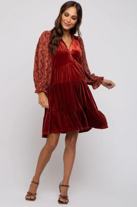Rust Velvet Lace Sleeve Collared Tiered Maternity Dress sold by Pinkblush