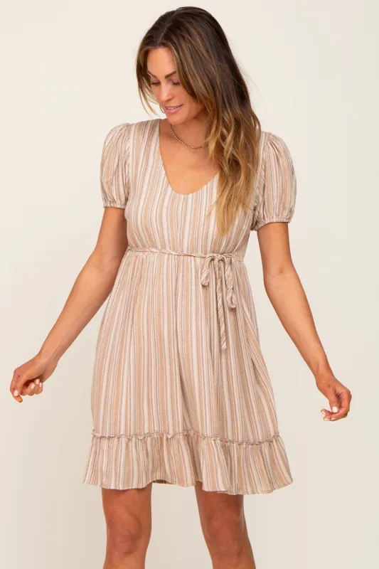 Taupe Stripe Print Puff Sleeve Dress sold by Pinkblush