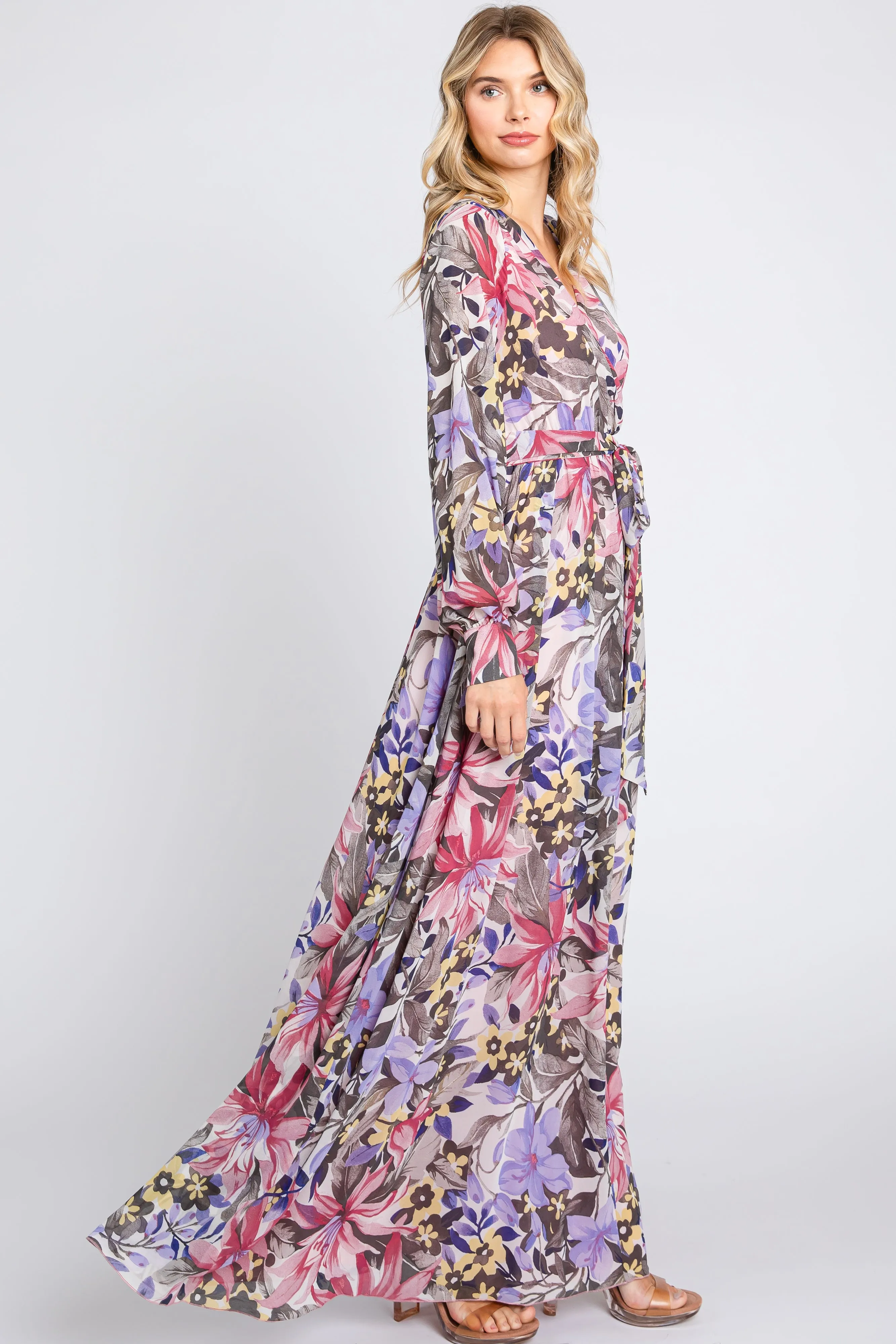Mauve Floral Chiffon Wrap Front V-Neck Long Sleeve Maxi Dress sold by Pinkblush product image thumbnail 2