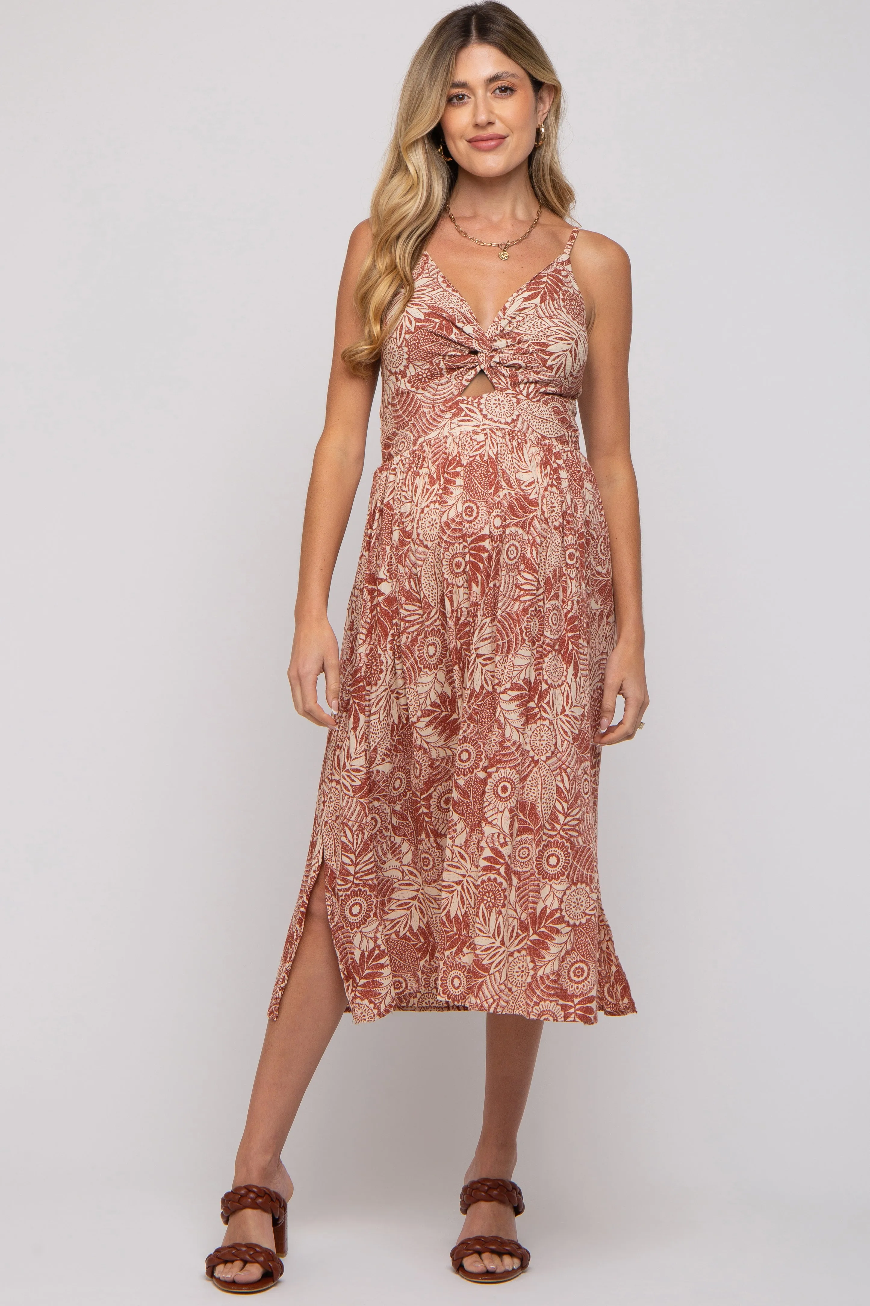 Rust Floral Front Cutout Side Slit Maternity Midi Dress sold by Pinkblush