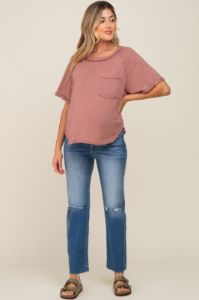 Rust Front Pocket Raw Edge Trim Short Sleeve Maternity Top sold by Pinkblush