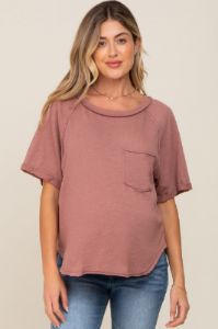 Rust Front Pocket Raw Edge Trim Short Sleeve Maternity Top sold by Pinkblush