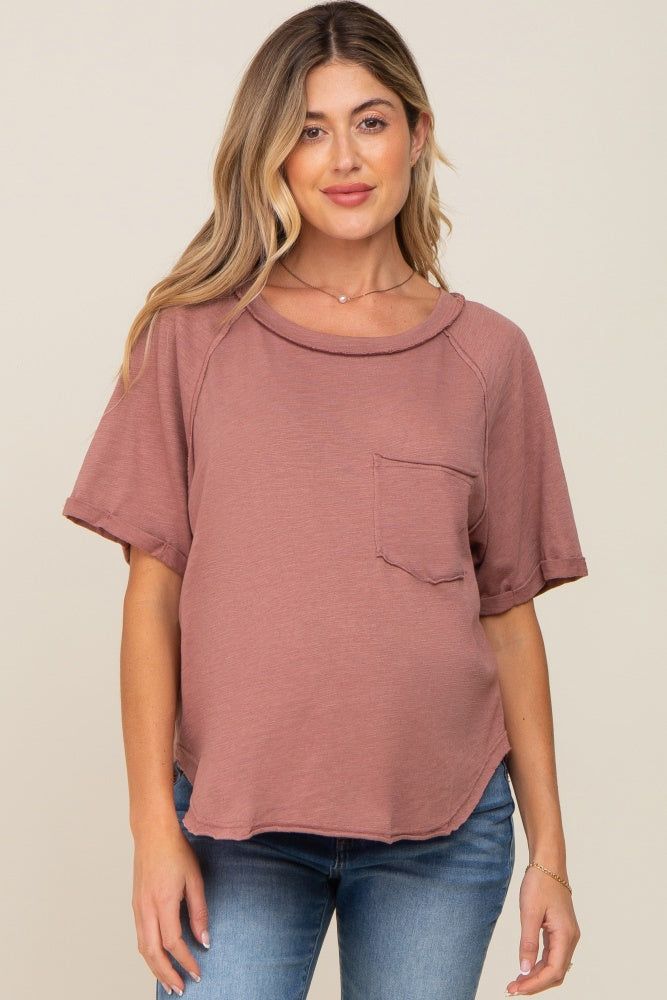 Rust Front Pocket Raw Edge Trim Short Sleeve Maternity Top sold by Pinkblush