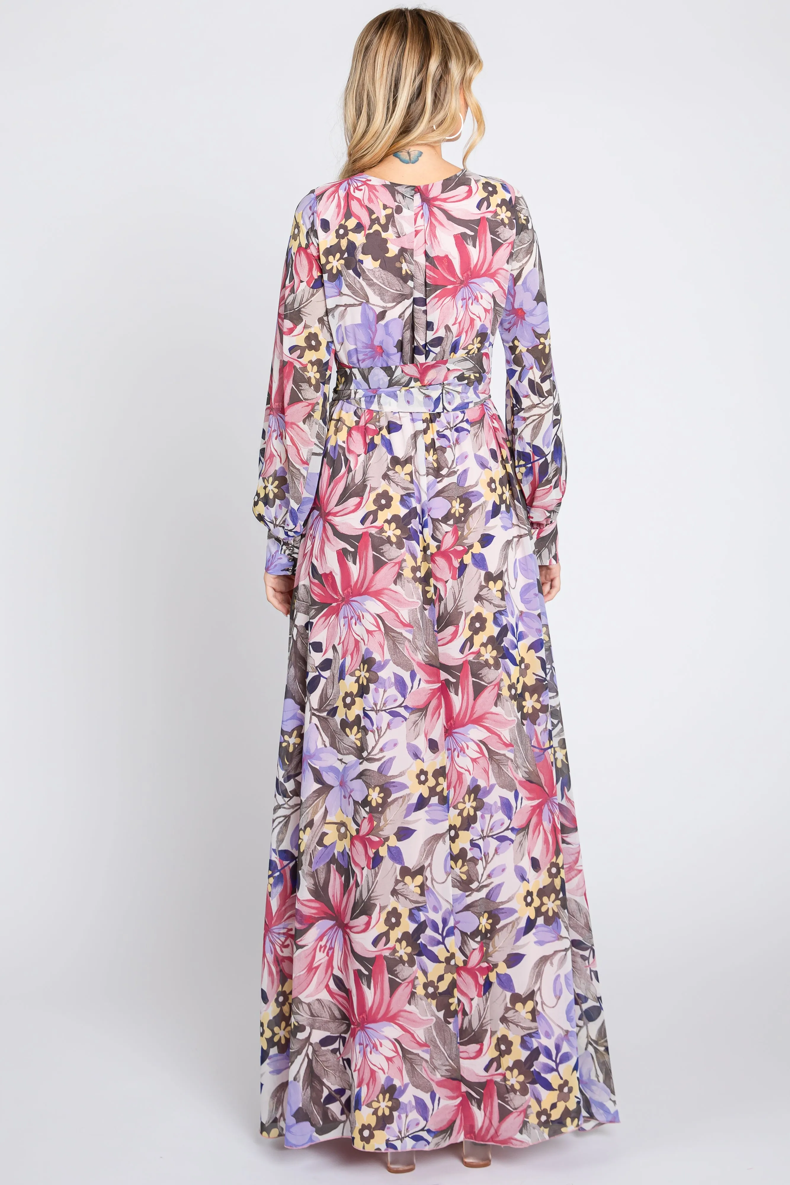 Mauve Floral Chiffon Wrap Front V-Neck Long Sleeve Maxi Dress sold by Pinkblush product image thumbnail 3