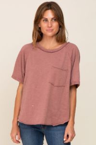 Rust Front Pocket Raw Edge Trim Short Sleeve Maternity Top sold by Pinkblush