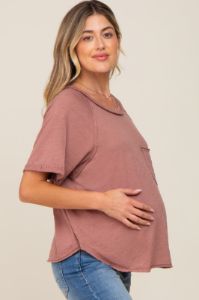 Rust Front Pocket Raw Edge Trim Short Sleeve Maternity Top sold by Pinkblush