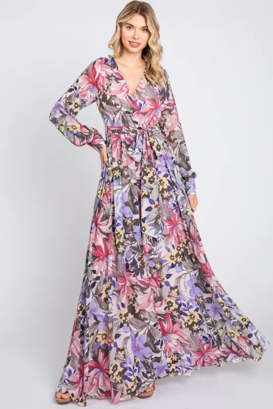 Mauve Floral Chiffon Wrap Front V-Neck Long Sleeve Maxi Dress sold by Pinkblush