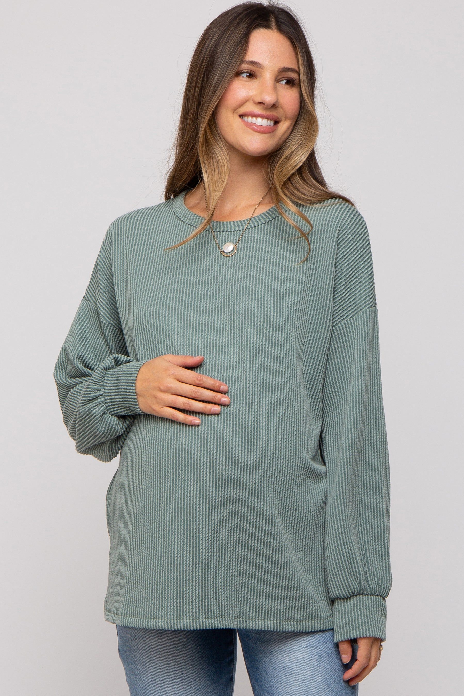 Light Olive Ribbed Long Sleeve Maternity Top sold by Pinkblush