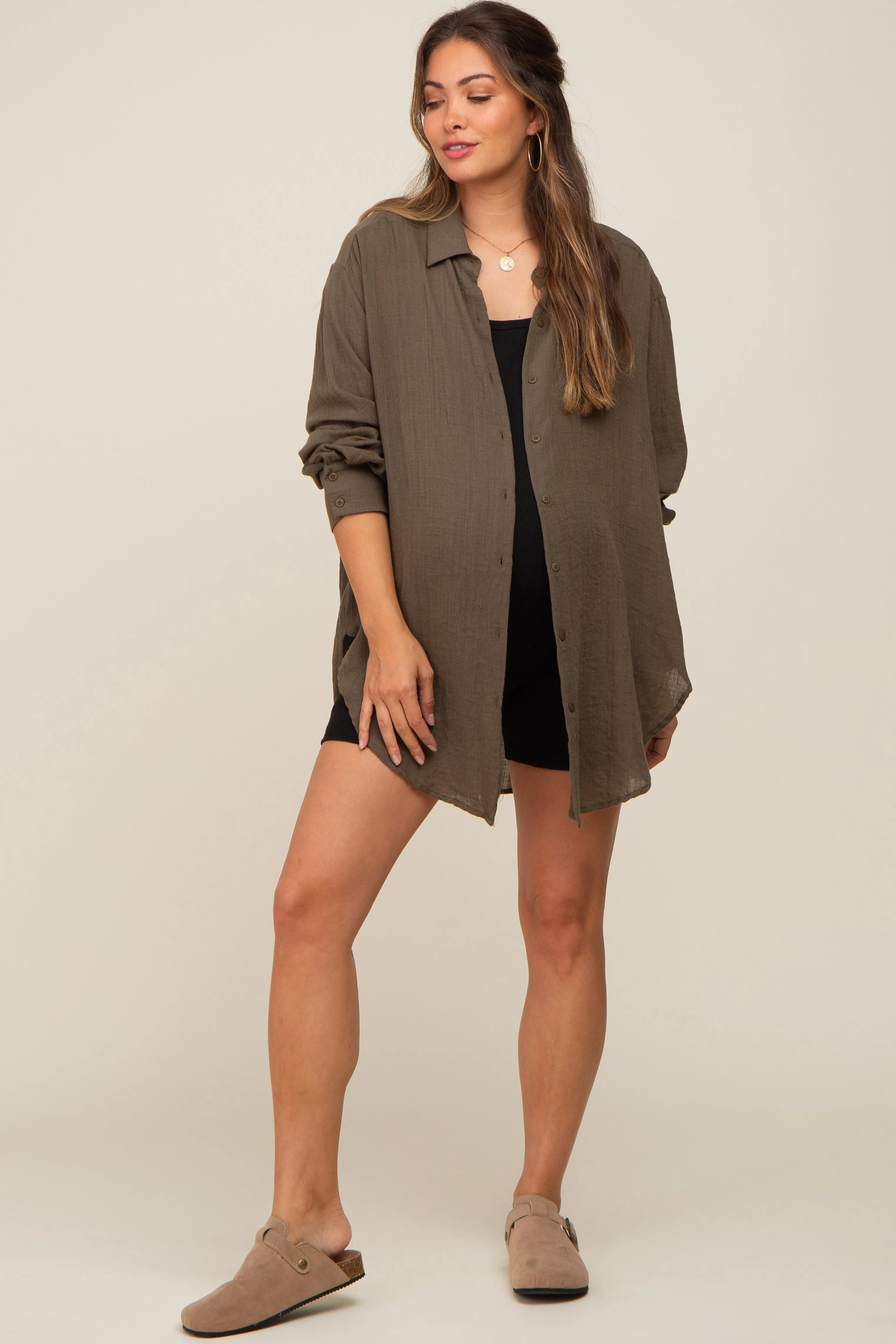 Brown Lightweight Sheer Button Down Maternity Blouse sold by Pinkblush product image thumbnail 5