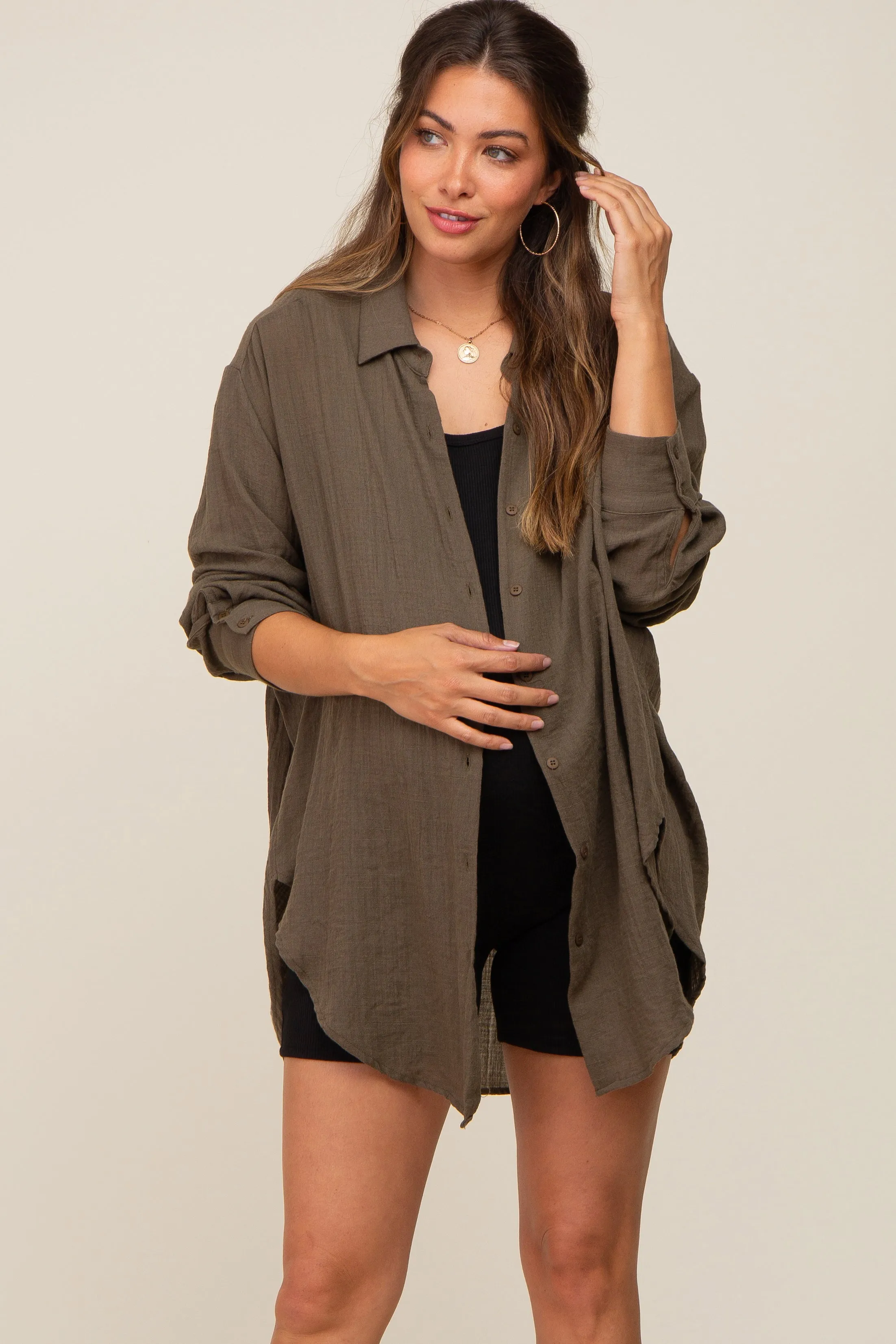 Brown Lightweight Sheer Button Down Maternity Blouse sold by Pinkblush product image thumbnail 2
