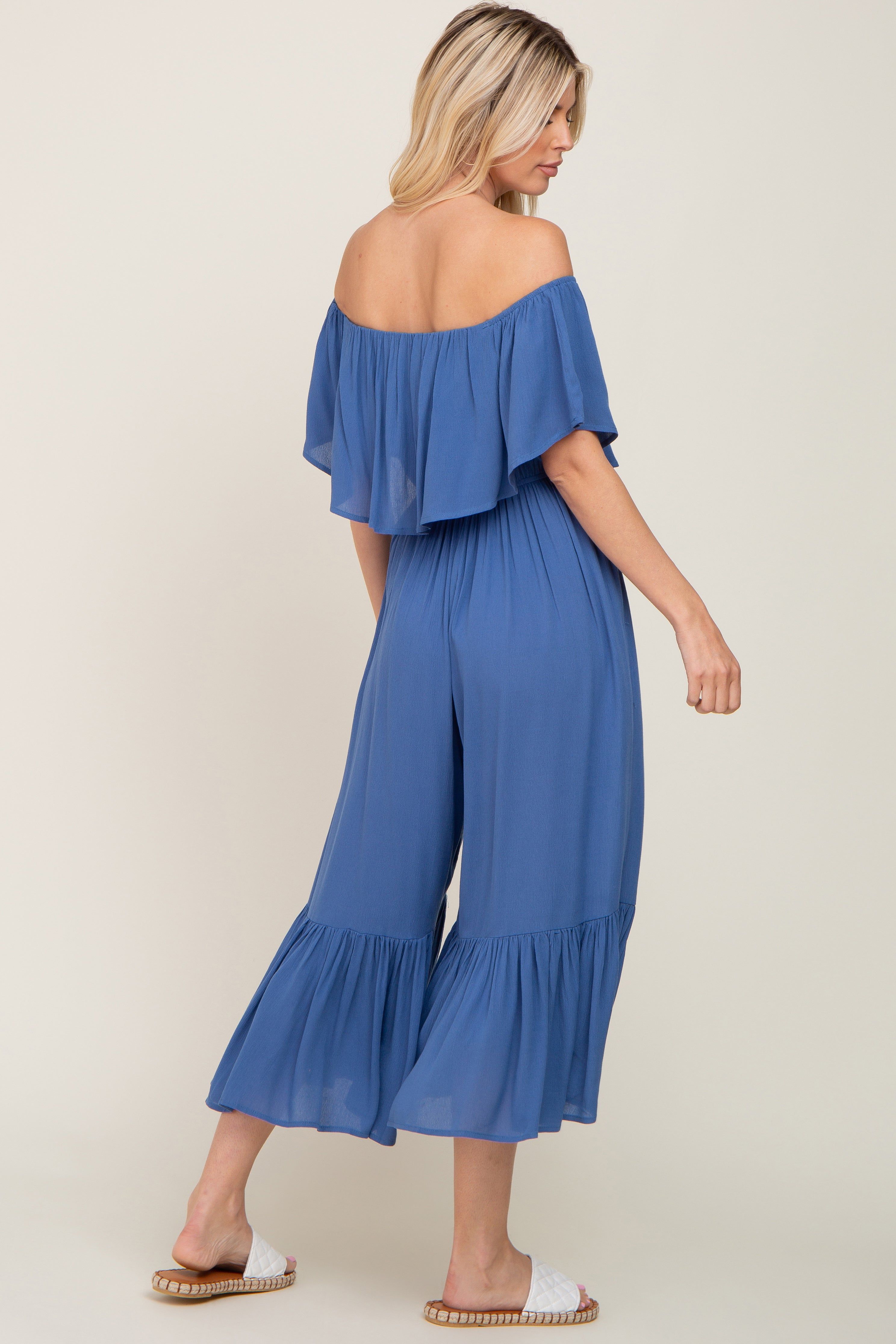Blue Flounce Off Shoulder Jumpsuit sold by Pinkblush product image thumbnail 4