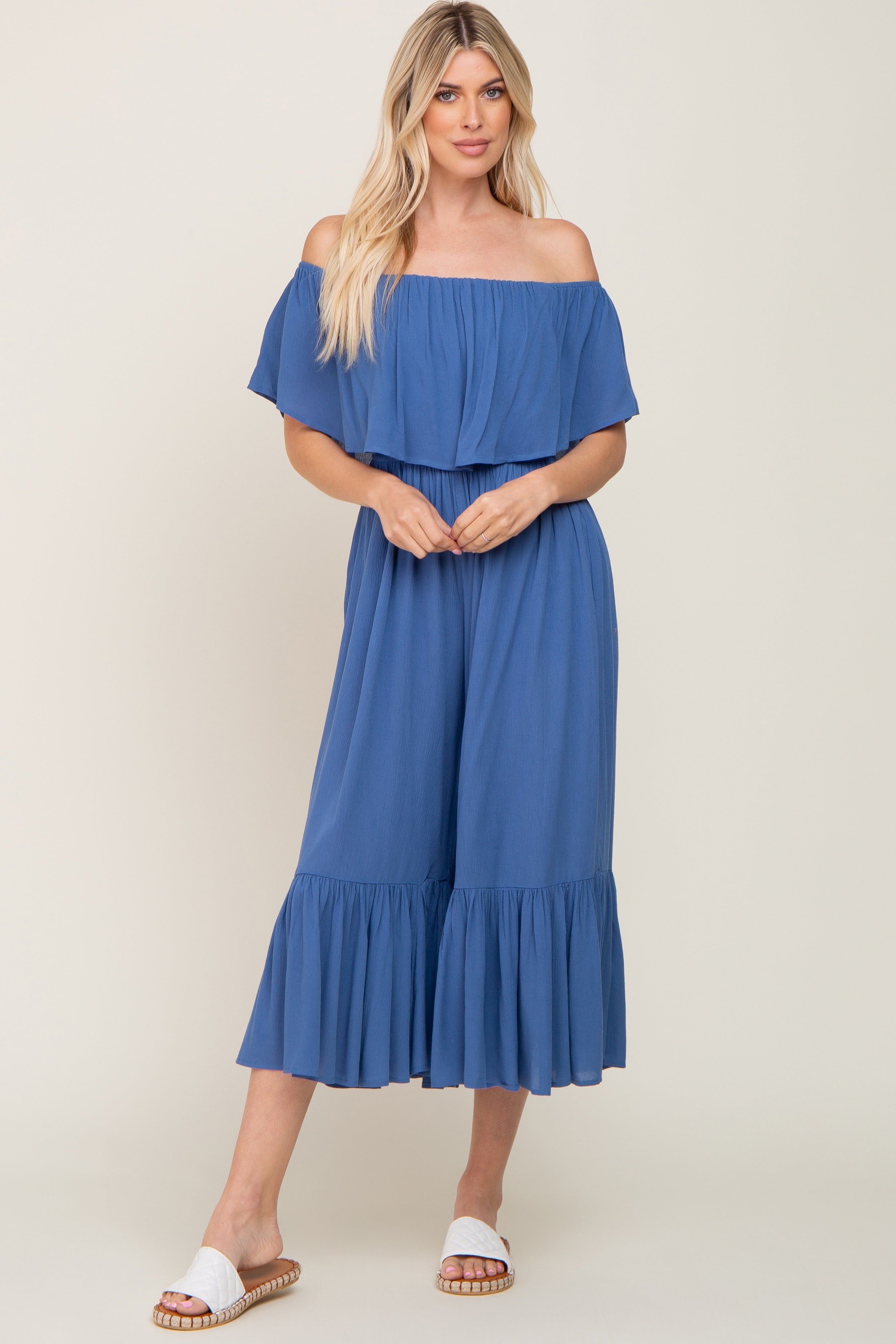 Blue Flounce Off Shoulder Jumpsuit sold by Pinkblush