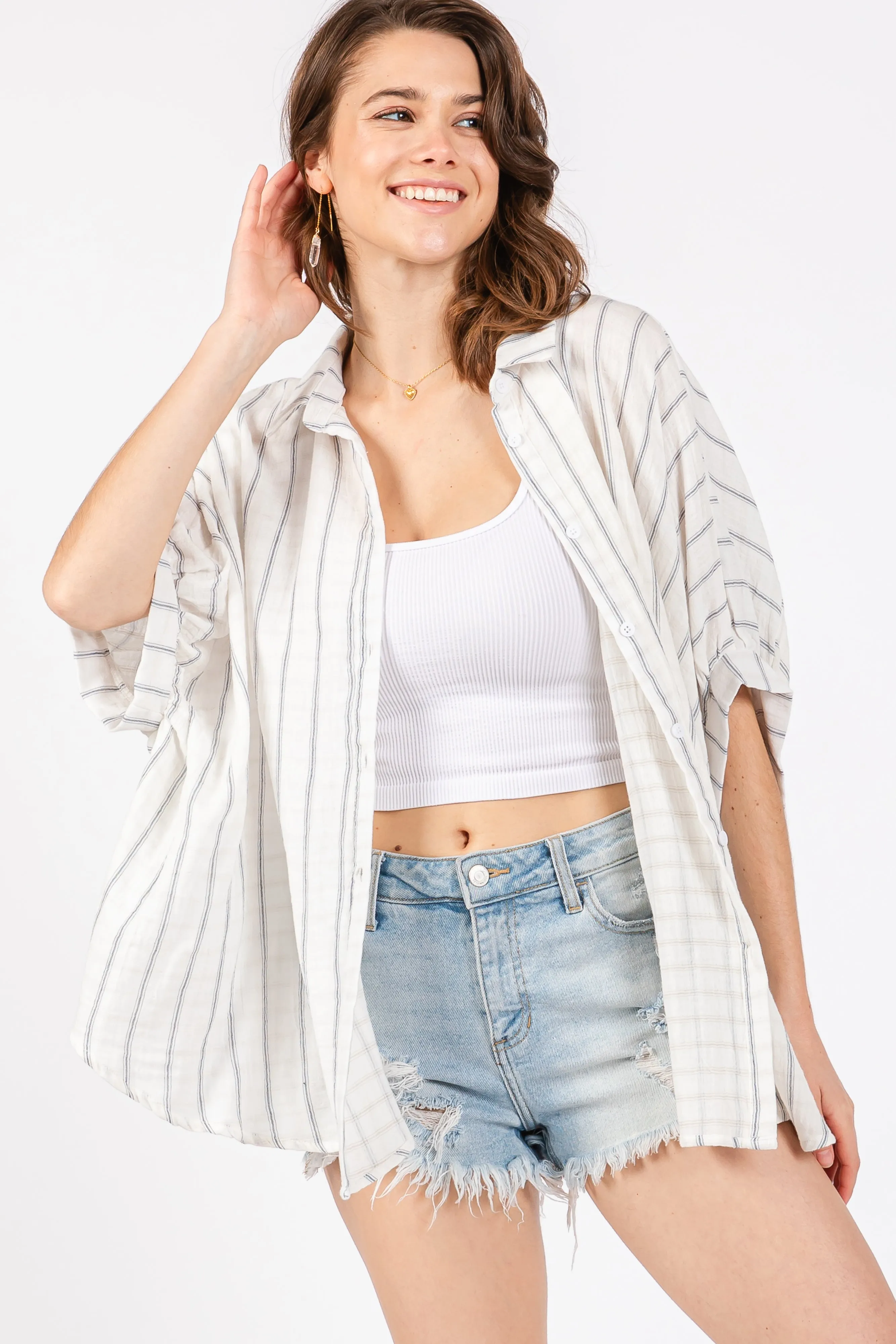 Ivory Striped Collared Oversized Top sold by Pinkblush product image thumbnail 5