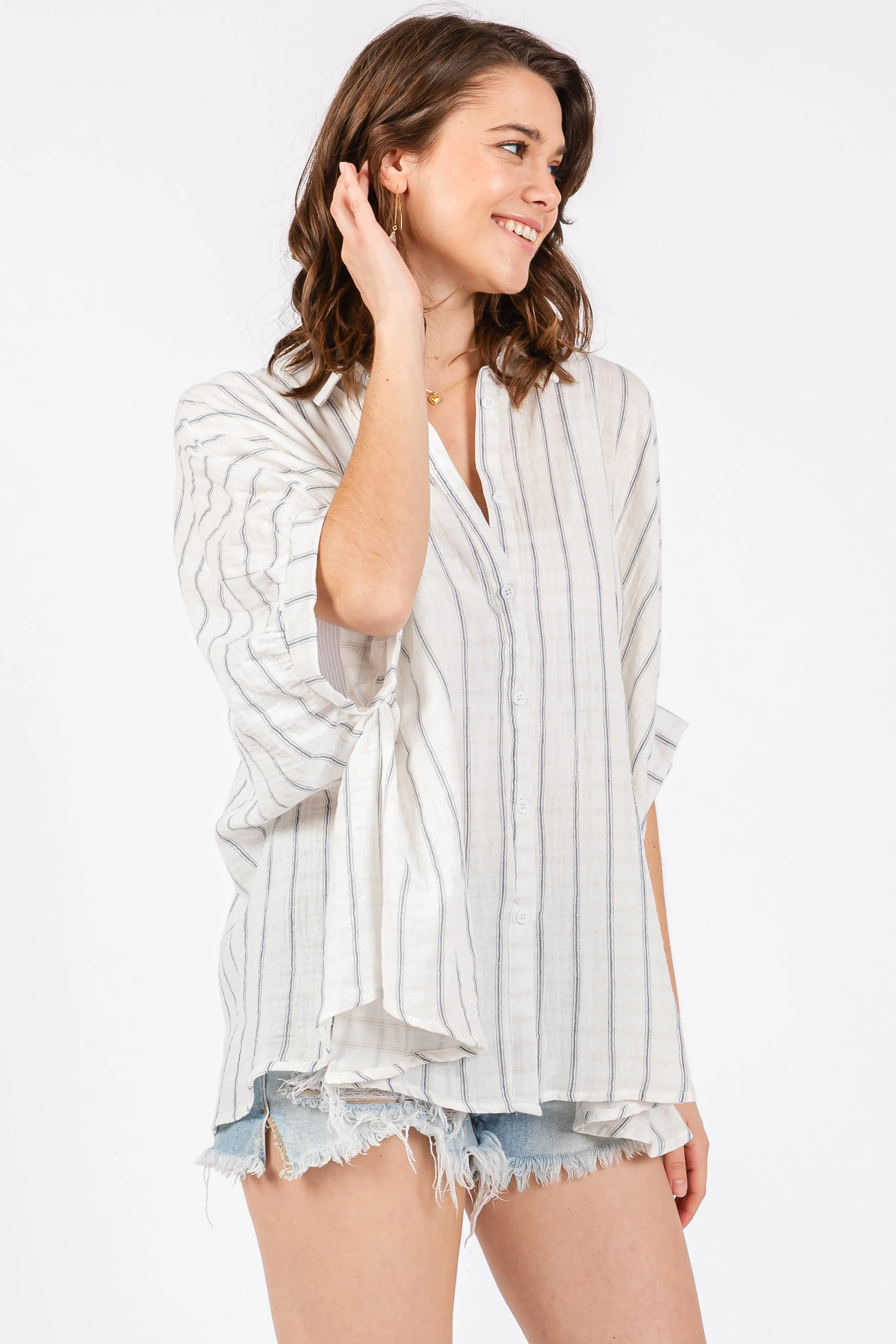 Ivory Striped Collared Oversized Top sold by Pinkblush product image thumbnail 2