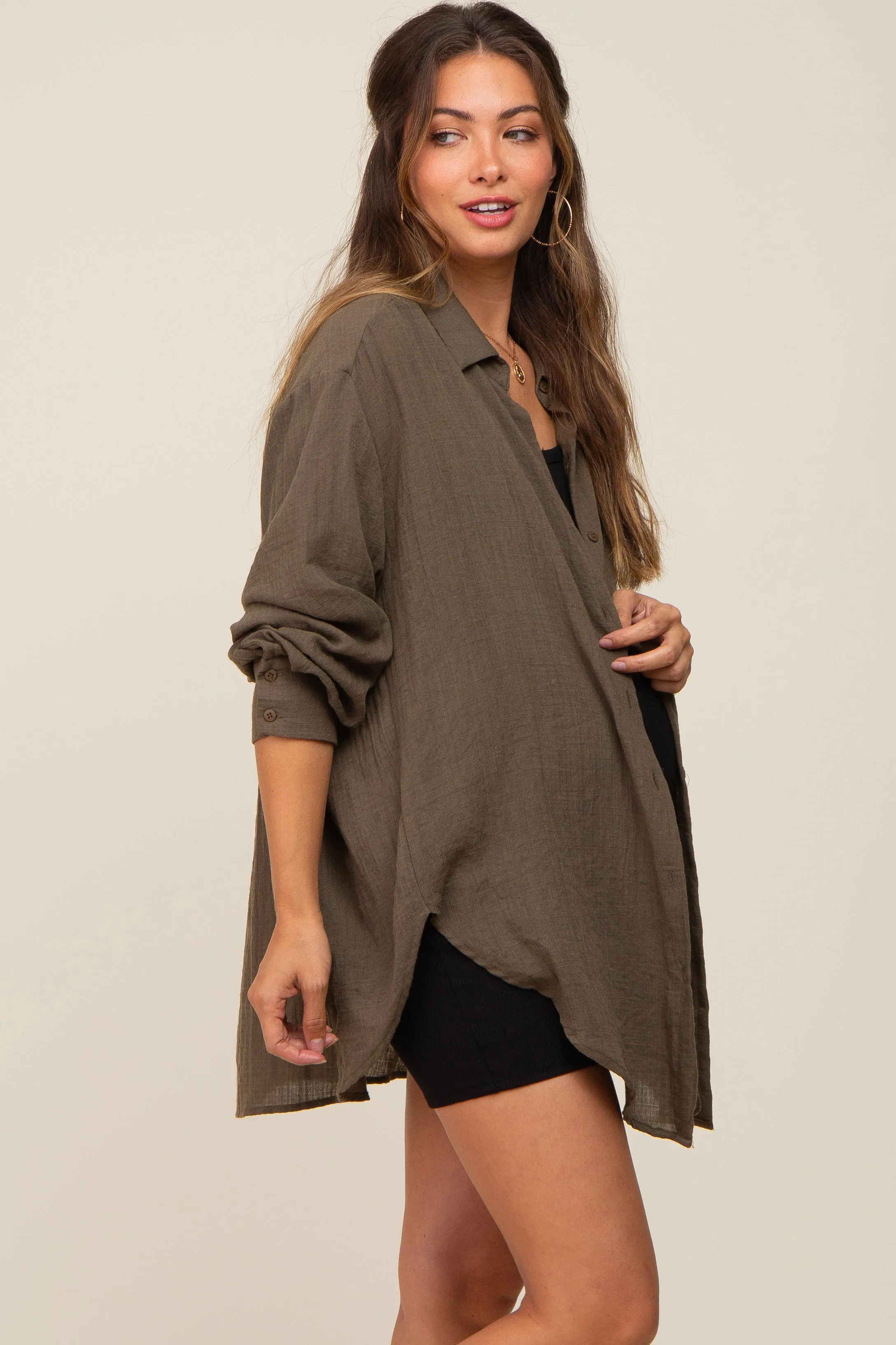 Brown Lightweight Sheer Button Down Maternity Blouse sold by Pinkblush product image thumbnail 3