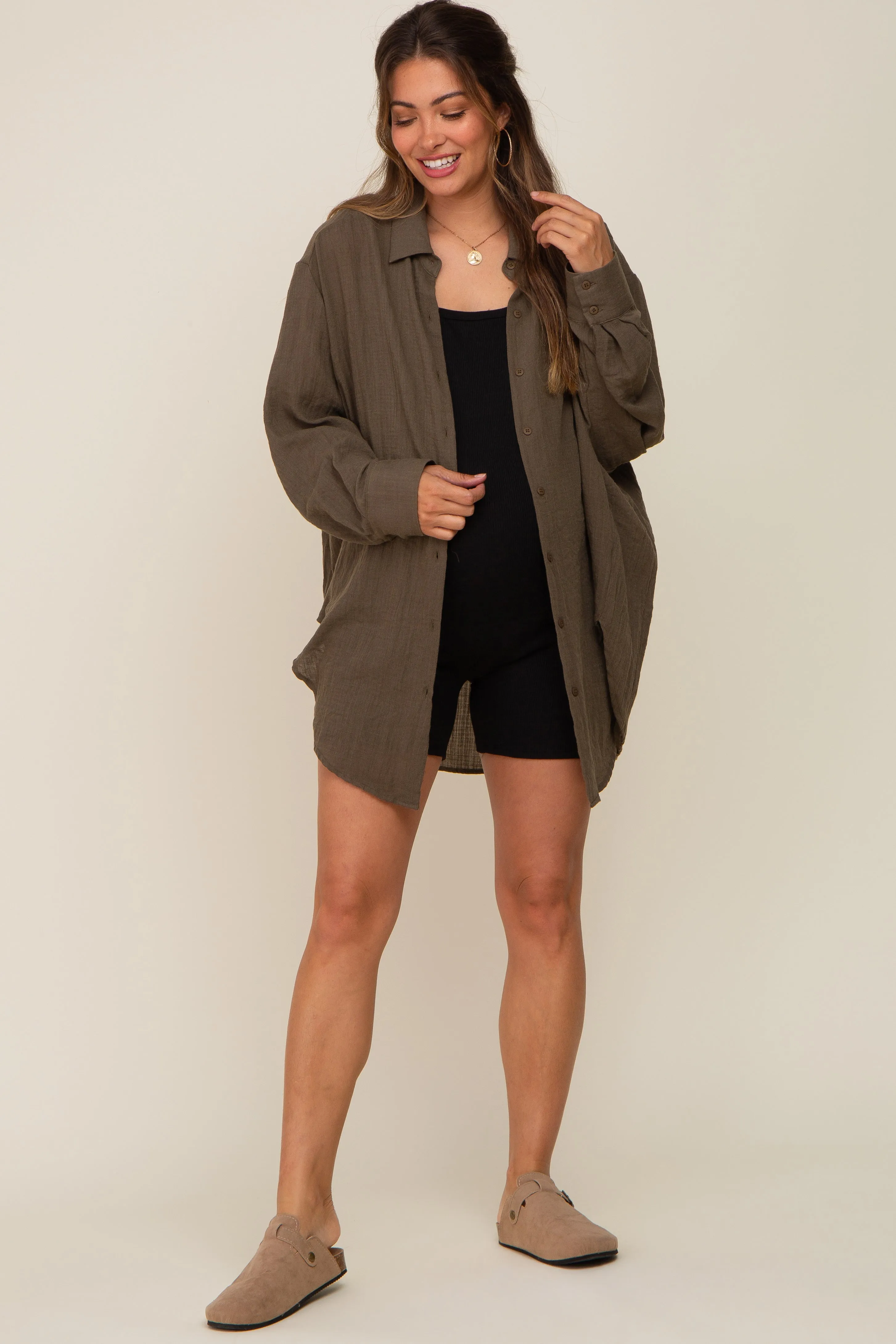 Brown Lightweight Sheer Button Down Maternity Blouse sold by Pinkblush