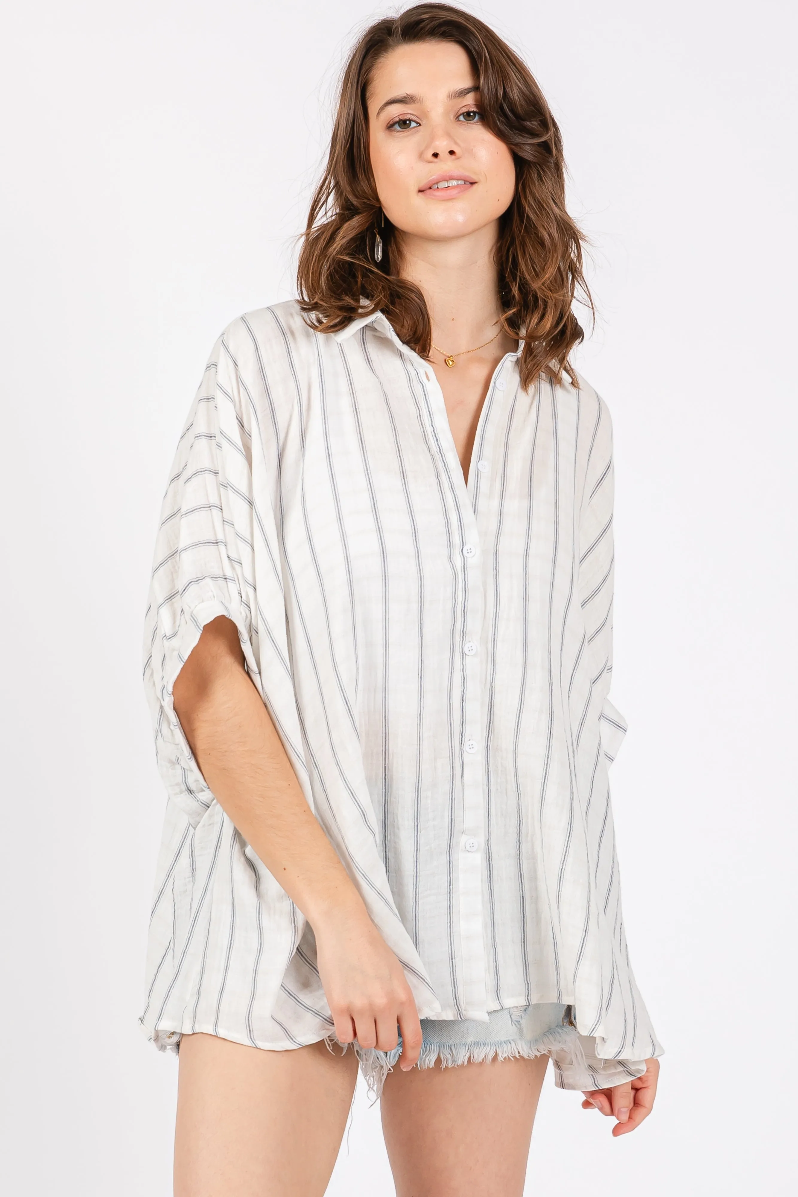 Ivory Striped Collared Oversized Top sold by Pinkblush