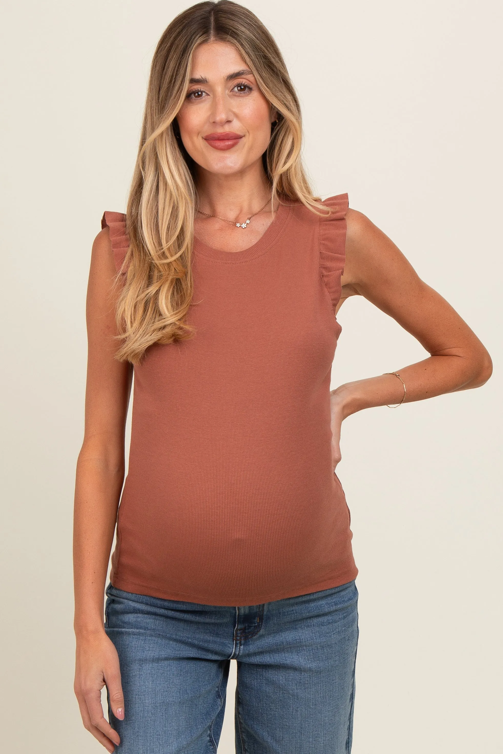Rust Ribbed Ruffle Shoulder Maternity Tank Top sold by Pinkblush product image thumbnail 2