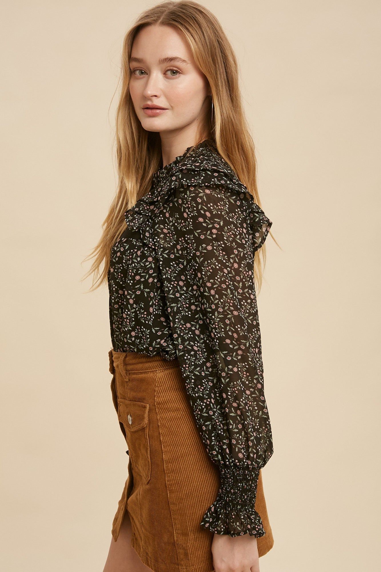 Black Floral Smocked Floral Print Ruffle Neck Blouse sold by Pinkblush product image thumbnail 2