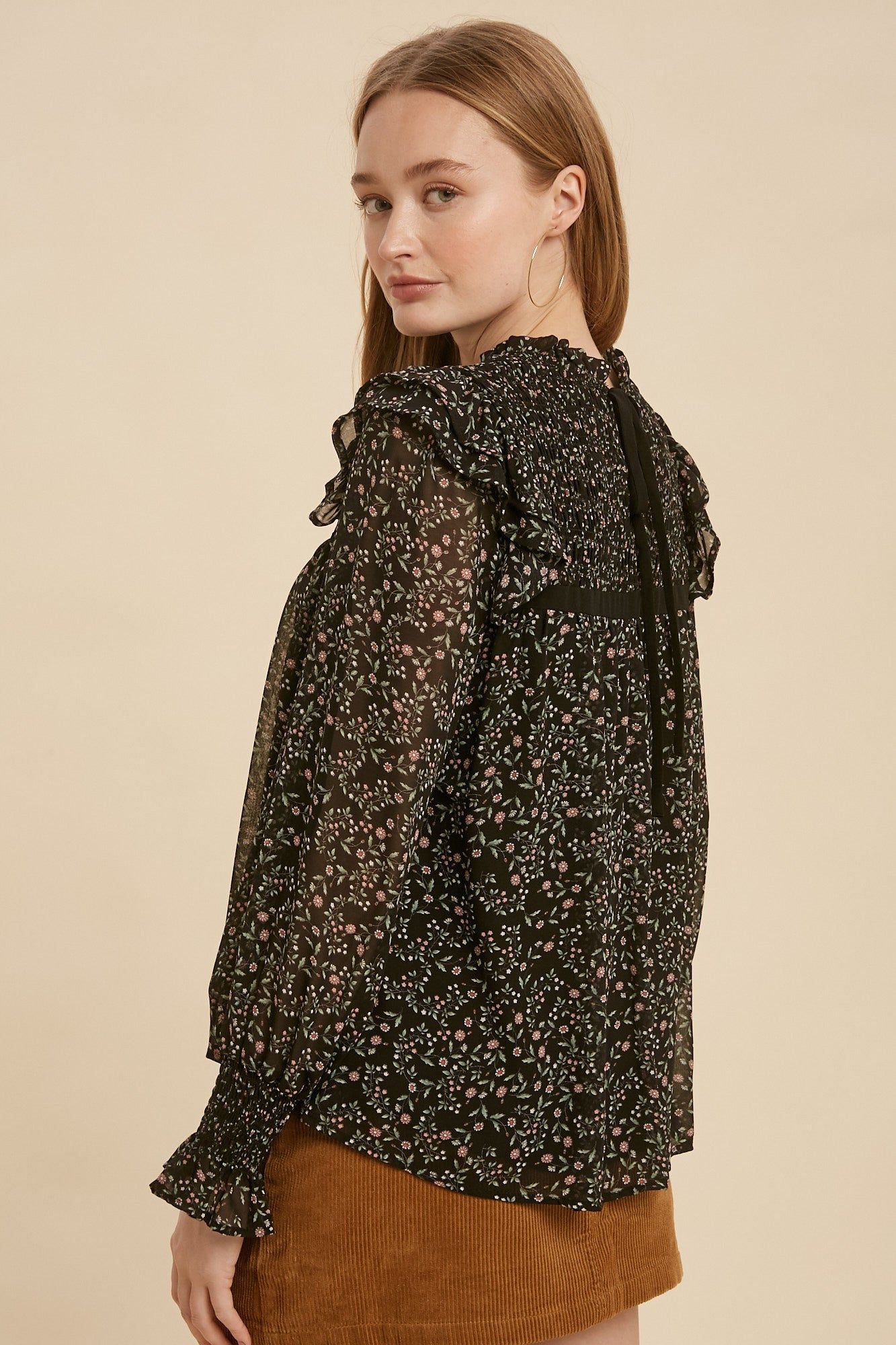 Black Floral Smocked Floral Print Ruffle Neck Blouse sold by Pinkblush product image thumbnail 3