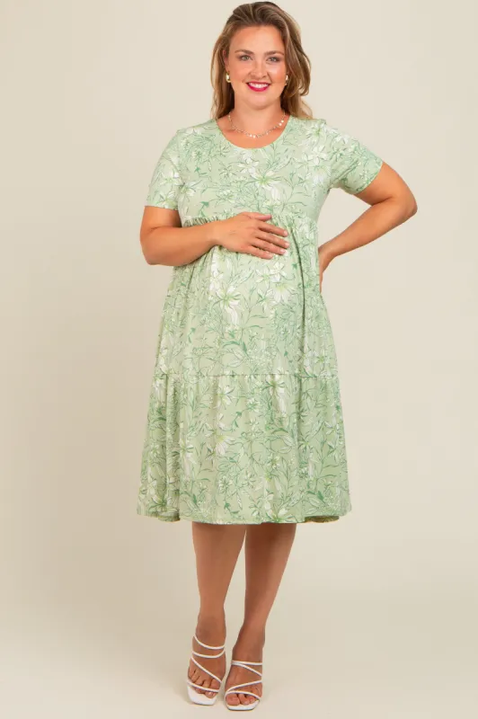 Light Olive Floral Tiered Plus Maternity Midi Dress sold by Pinkblush