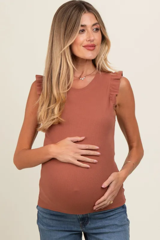 Rust Ribbed Ruffle Shoulder Maternity Tank Top sold by Pinkblush