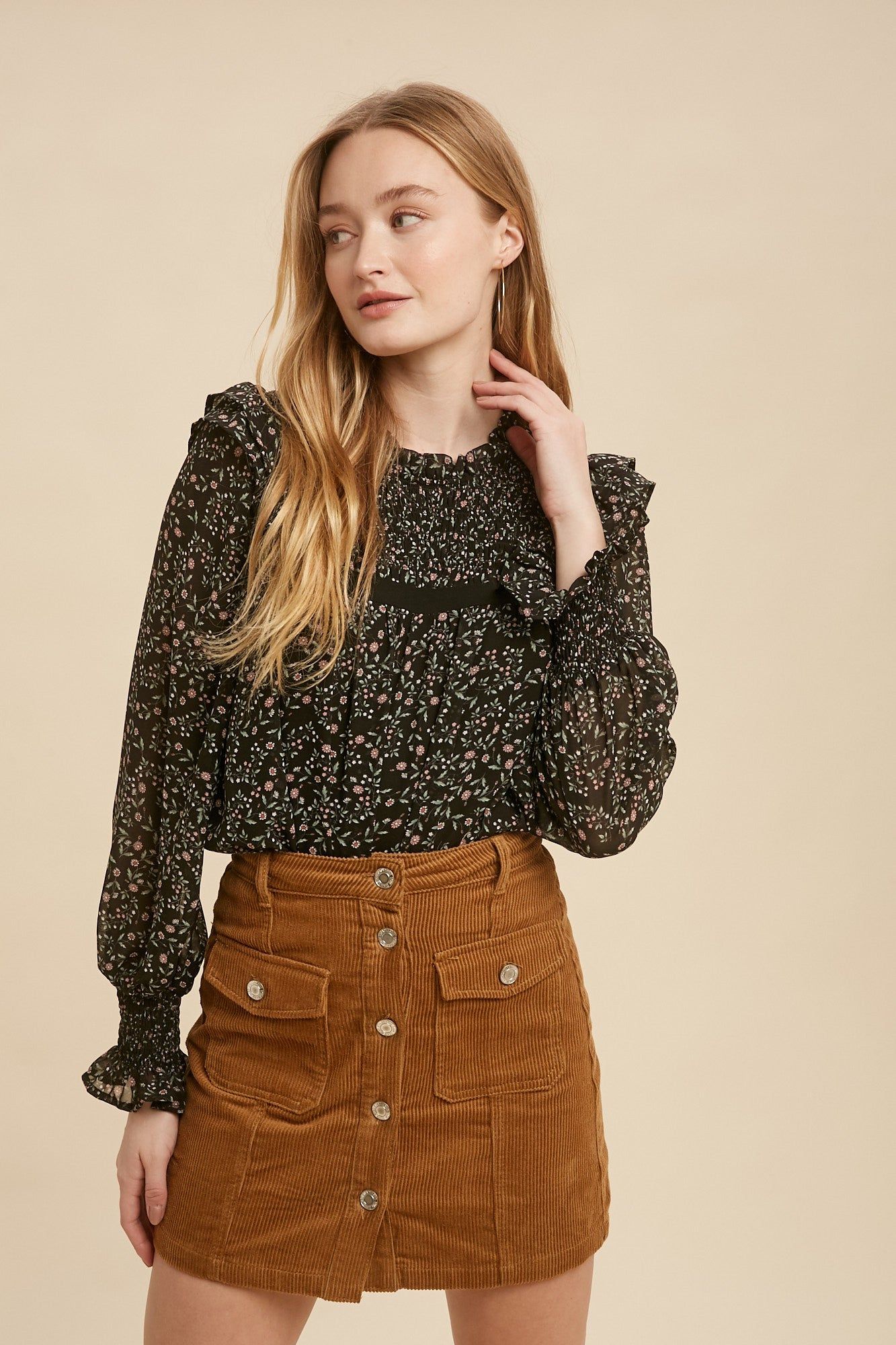 Black Floral Smocked Floral Print Ruffle Neck Blouse sold by Pinkblush