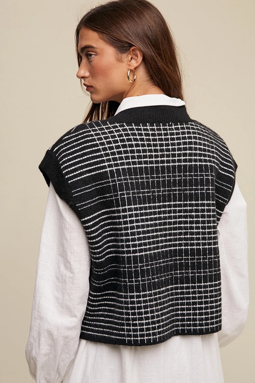 Black Plaid V-Neck Cropped Sweater Vest sold by Pinkblush product image thumbnail 3