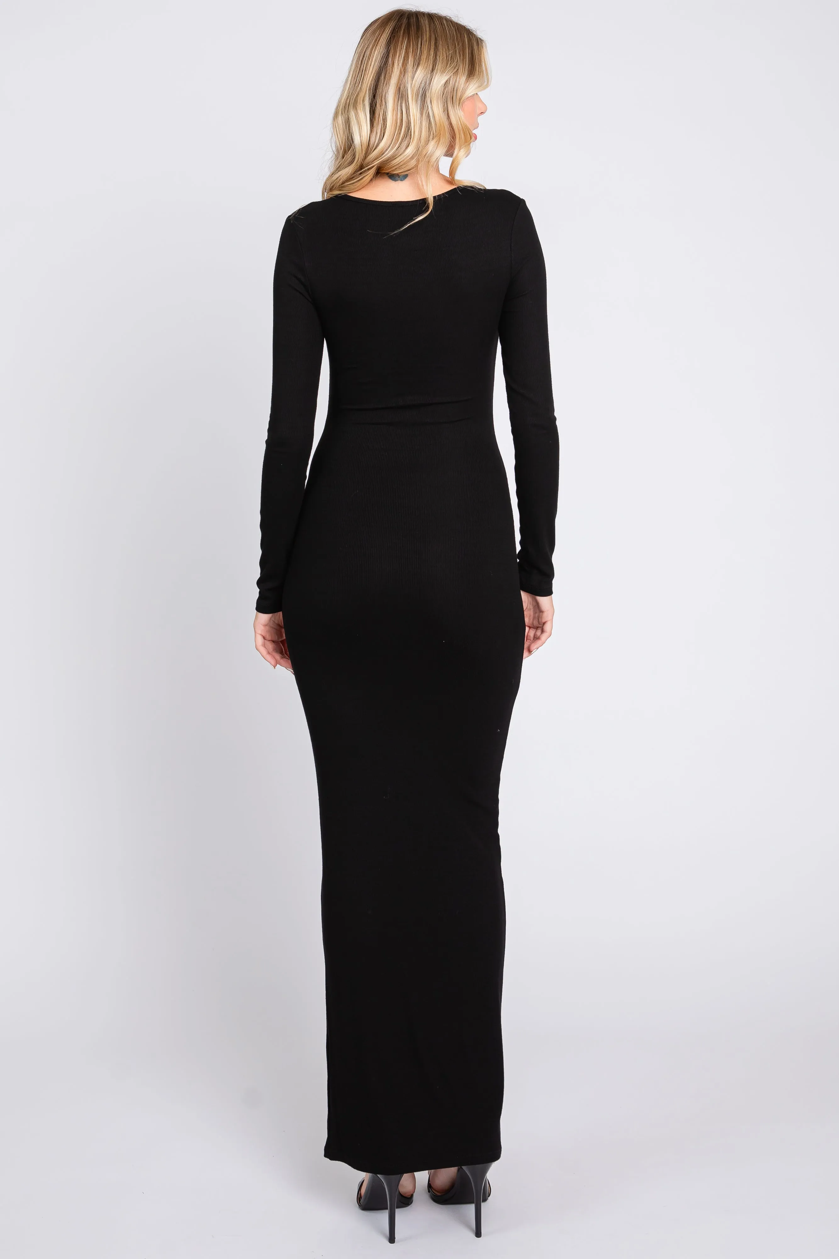 Black Ribbed Long Sleeve Square Neck Maxi Dress sold by Pinkblush product image thumbnail 3