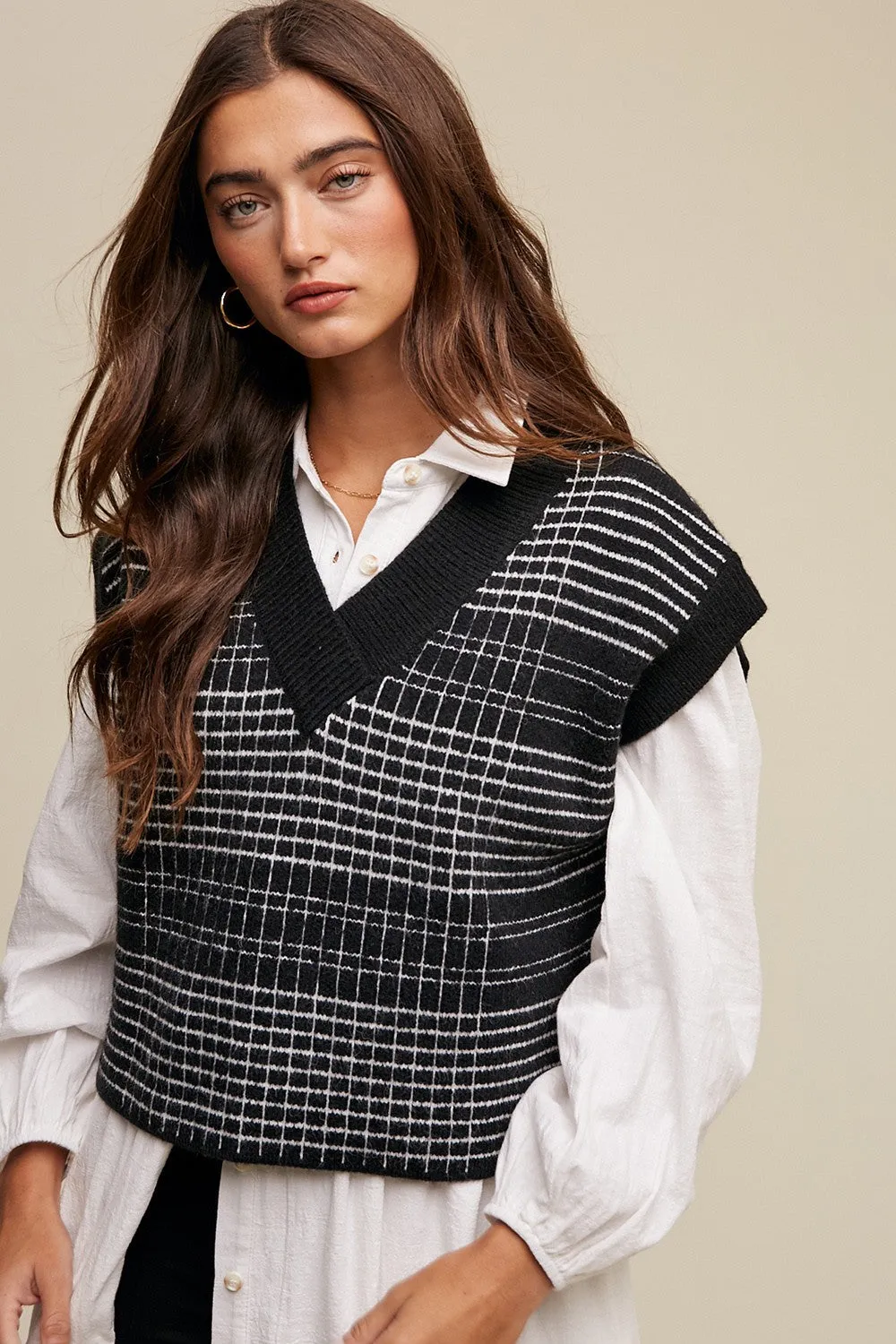 Black Plaid V-Neck Cropped Sweater Vest sold by Pinkblush
