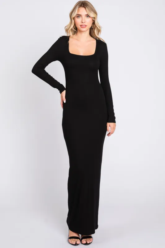 Black Ribbed Long Sleeve Square Neck Maxi Dress sold by Pinkblush