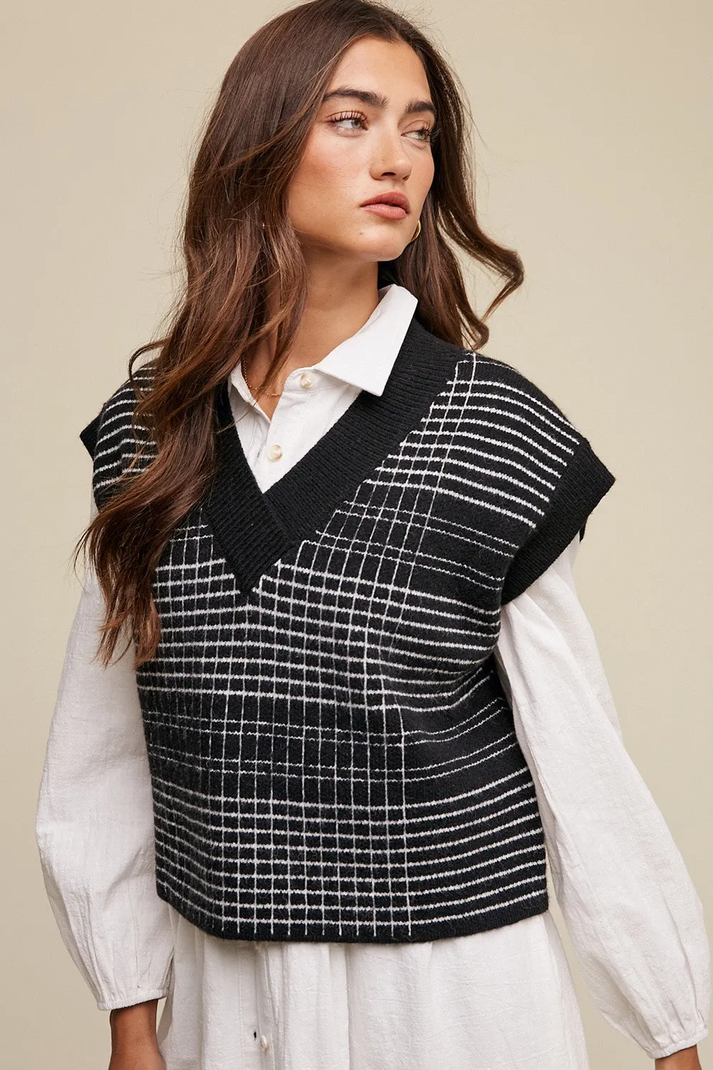 Black Plaid V-Neck Cropped Sweater Vest sold by Pinkblush product image thumbnail 2