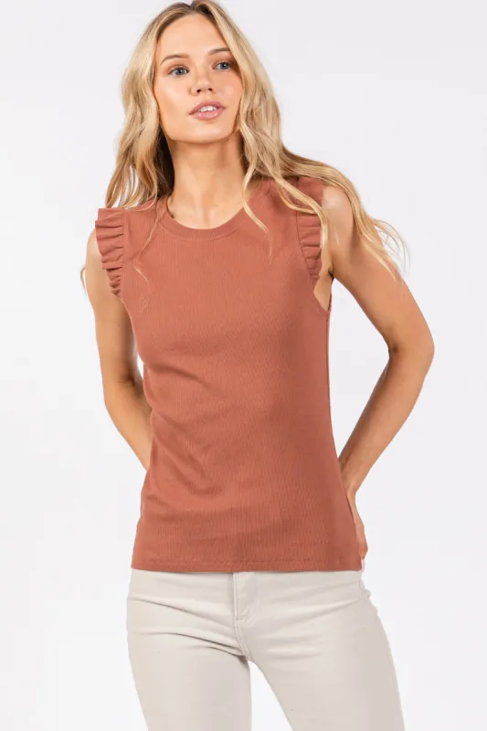 Rust Ribbed Ruffle Shoulder Tank Top sold by Pinkblush