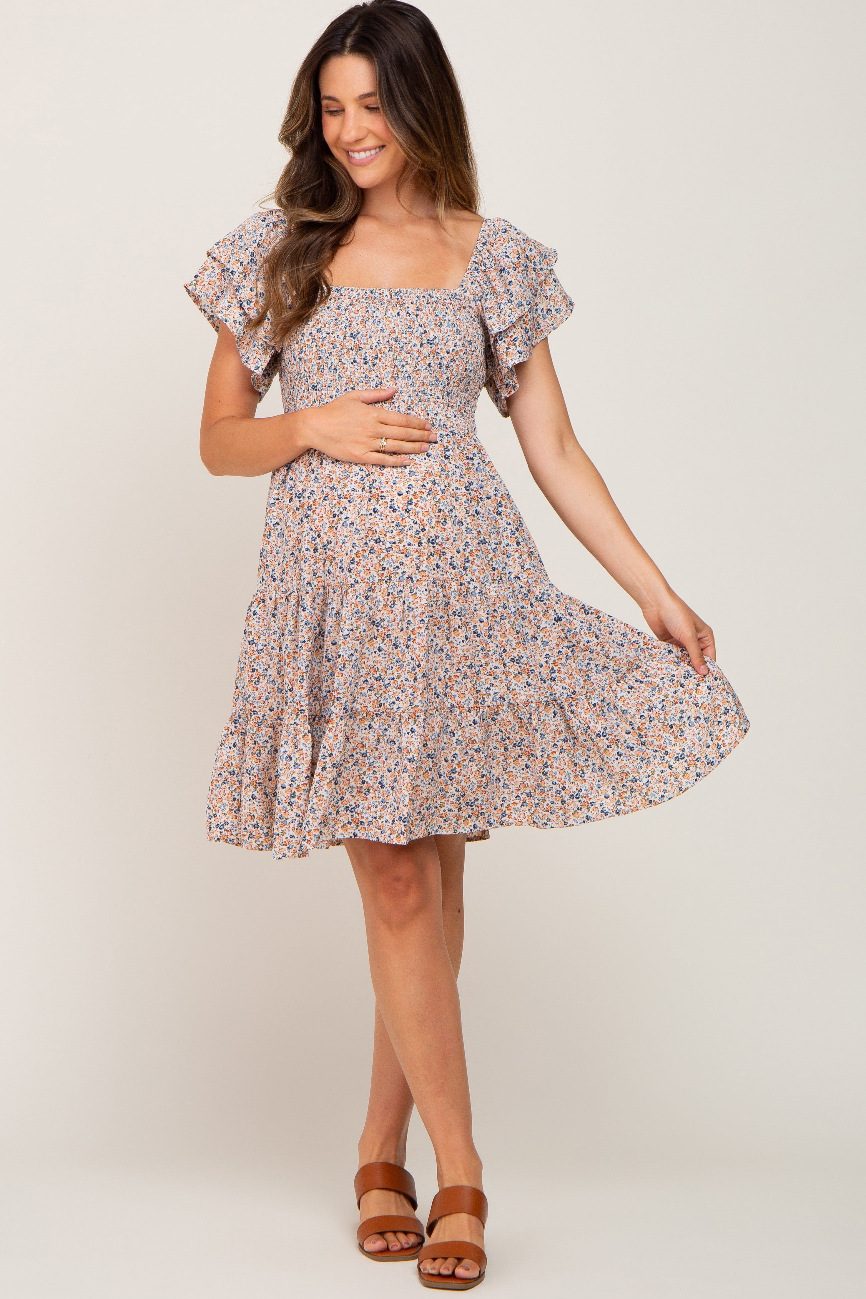 Cream Floral Smocked Tiered Maternity Dress sold by Pinkblush product image thumbnail 5